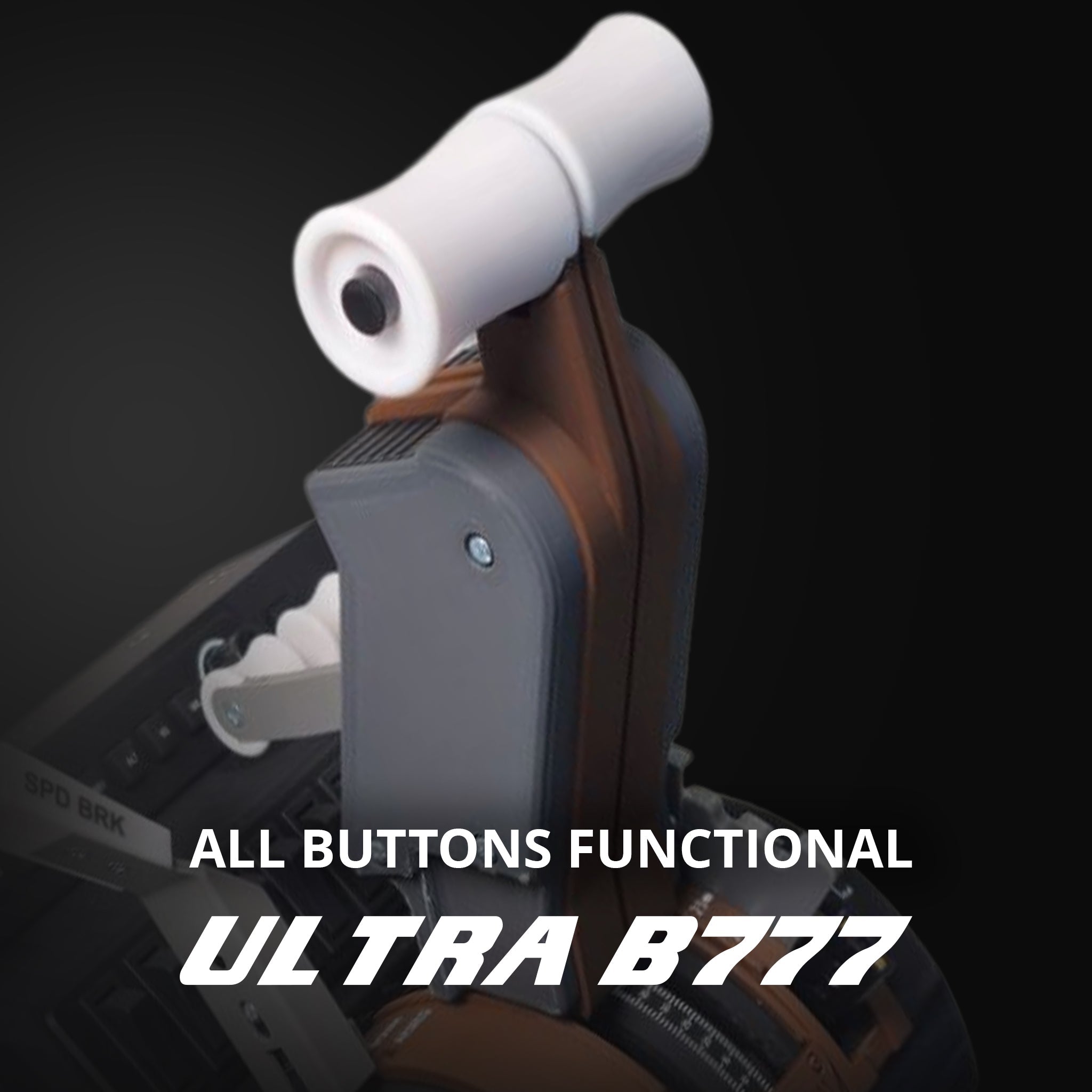 Close-up of the Prodesksim New ProDeskSim B777 Ultra Addon/Throttle Pack for Honeycomb Bravo throttle quadrant, featuring white handles and bold “ALL BUTTONS FUNCTIONAL” text, with Auto Throttle Disconnect and full compatibility.