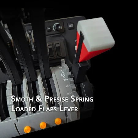 Close-up of an aircraft throttle quadrant similar to the Prodesksim McDonnell Douglas MD-11 for Honeycomb Bravo. Features multiple black aviation throttle levers and one red and gray flap lever against a black background with text: "Smooth & Precise Spring Loaded Flaps Lever.