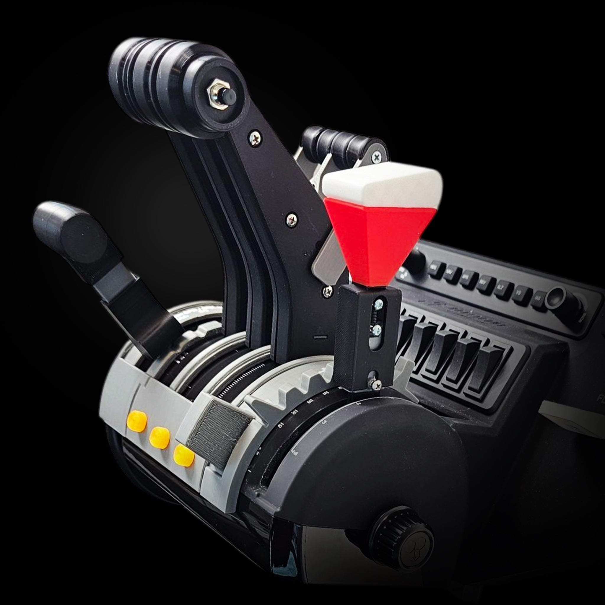 The Prodesksim McDonnell Douglas MD-11 module for Honeycomb Bravo throttle and Microsoft Flight Simulator showcases black control levers on a dark background, with multiple levers such as one featuring a striking red and white handle, complemented by various buttons and a dial.
