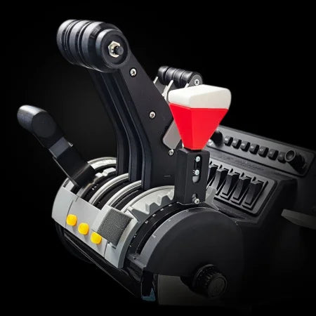 The Prodesksim McDonnell Douglas MD-11 module for Honeycomb Bravo throttle and Microsoft Flight Simulator showcases black control levers on a dark background, with multiple levers such as one featuring a striking red and white handle, complemented by various buttons and a dial.