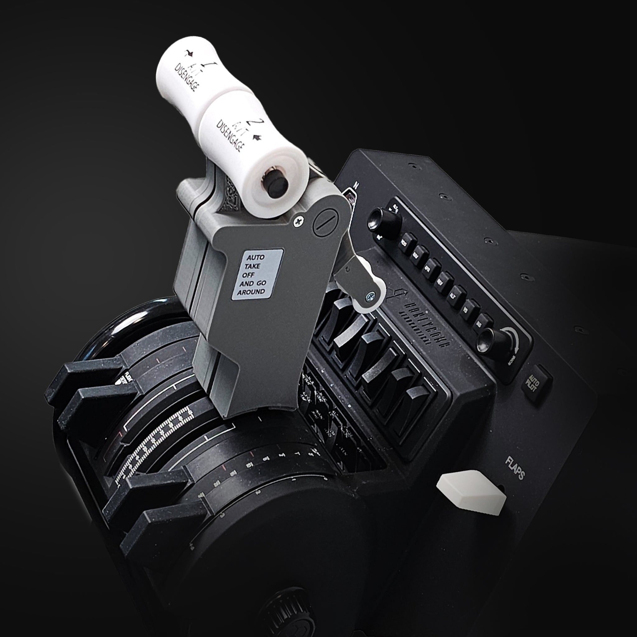 The New ProDeskSim 737 Ultra Full Package Addon by Prodesksim features a professional-grade throttle quadrant with multiple levers, dials, and a white handle labeled "AUTO" and "MAX," all set against a dark background for enhanced visibility during advanced flight simulation.