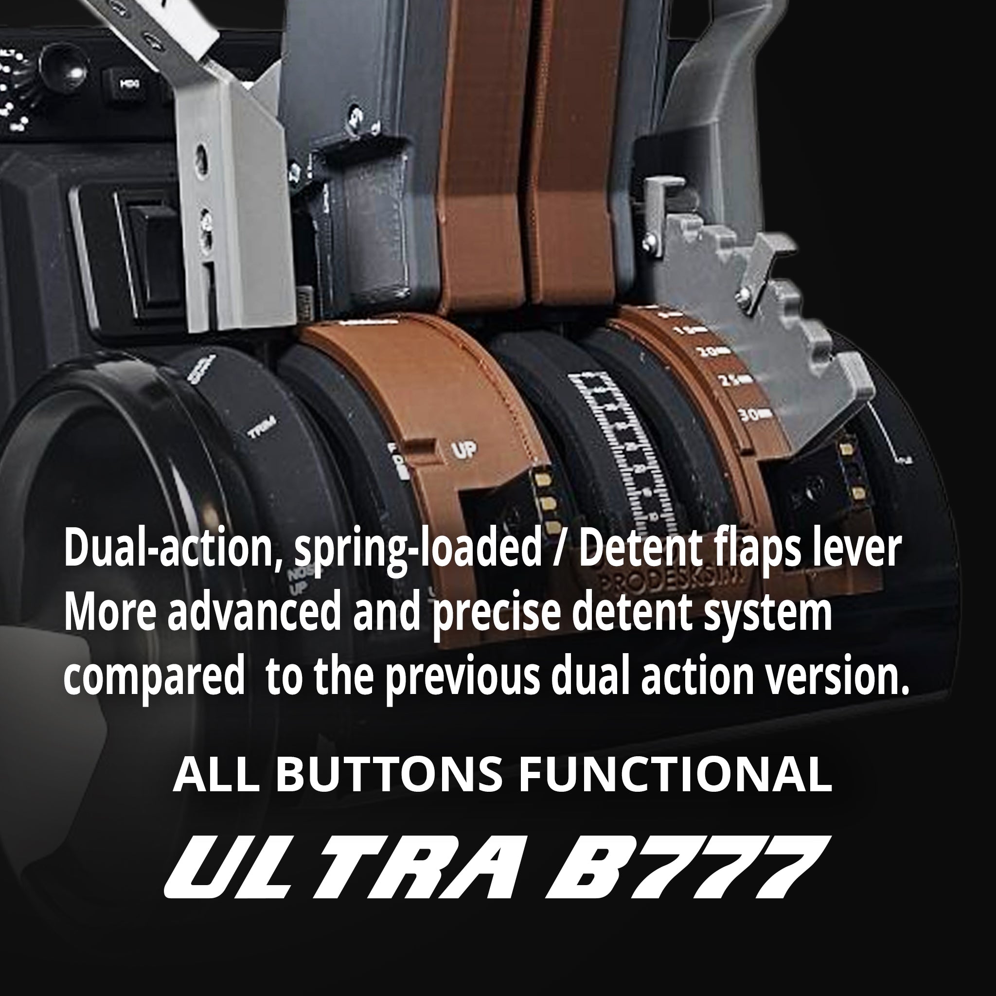 Close-up of the Prodesksim New B777 Ultra Addon/Throttle Pack for Honeycomb Bravo, with labeled levers and buttons. Text: "Dual-action, spring-loaded Detent flaps lever… ALL BUTTONS FUNCTIONAL - Prodesksim B777 Ultra.