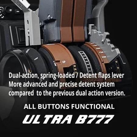 Close-up of the Prodesksim New B777 Ultra Addon/Throttle Pack for Honeycomb Bravo, with labeled levers and buttons. Text: "Dual-action, spring-loaded Detent flaps lever… ALL BUTTONS FUNCTIONAL - Prodesksim B777 Ultra.
