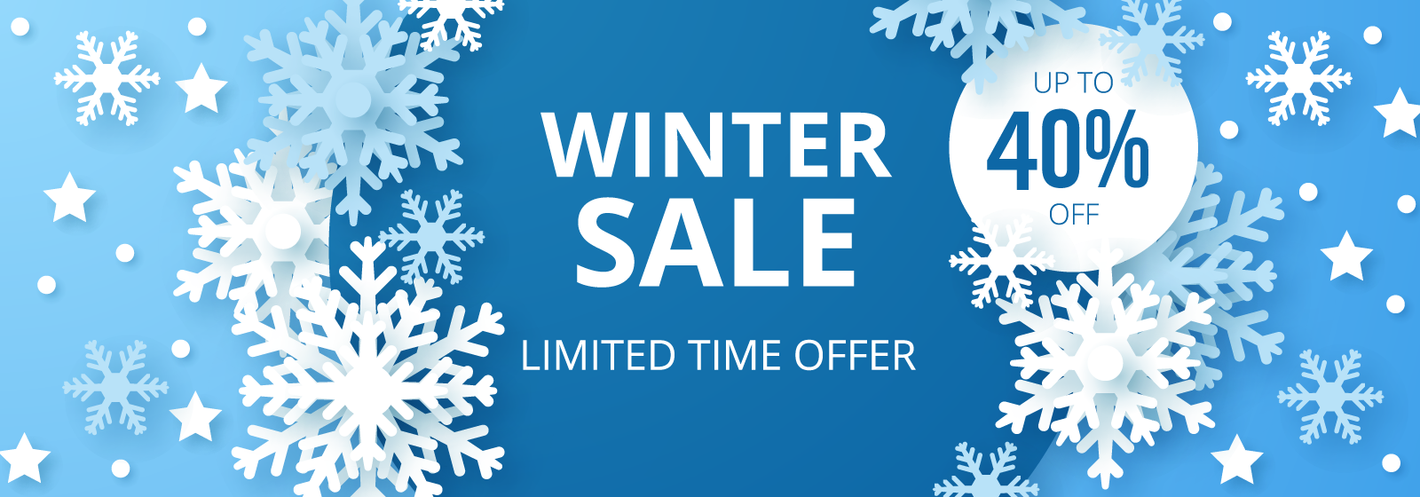 Winter sale banner with large white snowflakes on a blue gradient background. Text reads "Winter Sale" and "Limited Time Offer" with a circular badge saying "Up to 40% Off.