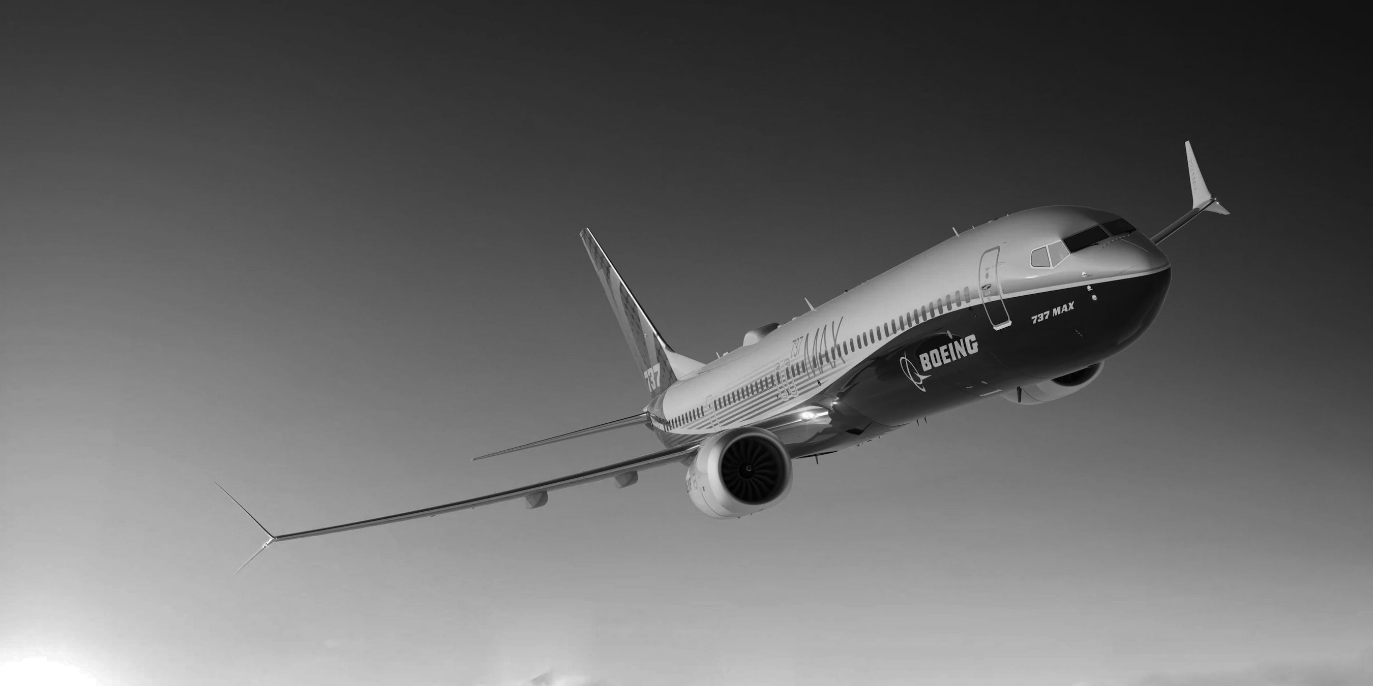 A Boeing 737 MAX airplane flies upward against a clear sky, viewed from behind and below at an angle. The image is in black and white.