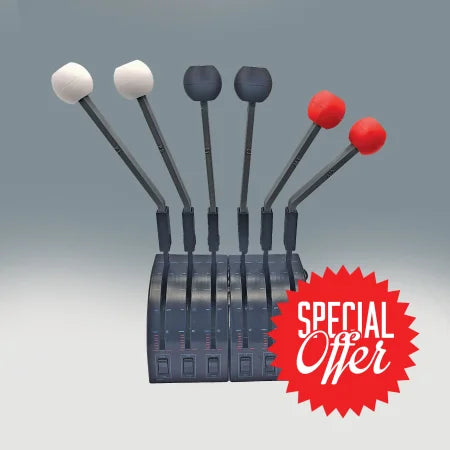 Experience a premium set of six Prodesksim Saitek realistic throttle, fuel mixture, and prop pitch quadrant handles designed for flight simulation enthusiasts. The leftmost two handles feature white accents, the middle two are styled with black elements, and the rightmost two showcase red details—perfectly capturing a cockpit ambiance against a neutral backdrop.