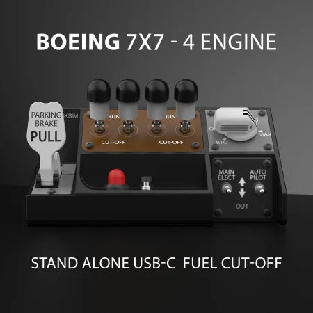 The NEW! Prodesksim Stand Alone B7X7 panel features four fuel cut-off levers, auto brake knob labeled "RTO MAX," parking brake ("PULL"), stab trim, AUTO PILOT and MAIN ELECT buttons, plus starter switches—perfect for your home cockpit.