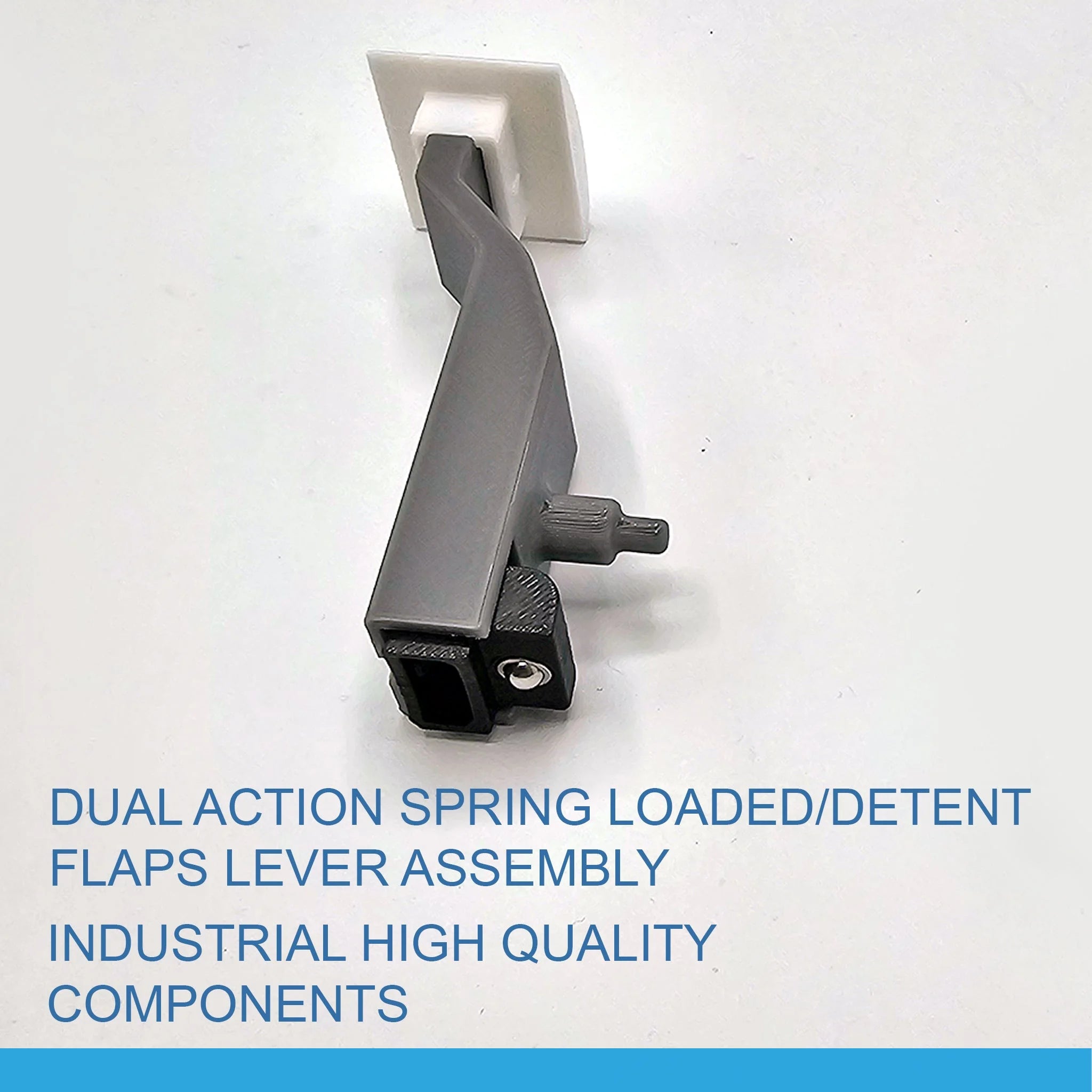 A gray metal dual-action spring-loaded lever assembly featuring a textured grip and a white square mounting plate is displayed on a light surface. Blue text reads: "Boeing 737/757/767/777/787 Spring realistic and professional Spring Loaded flaps from Prodesksim." Ideal for enhancing flight simulation realism and Honeycomb Bravo addons.