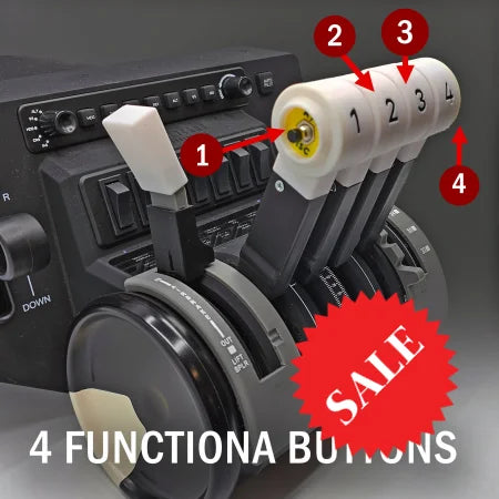 Close-up of the NEW! BAE-146/Avro RJ Advanced Throttle Pack for Honeycomb Bravo flight simulator by Prodesksim, featuring four levers labeled 1 to 4. Each lever includes a functional button on top, specifically designed as either an AT DISC or TOGA button. The background displays a panel with various switches. The image text reads "4 FUNCTIONAL BUTTONS.