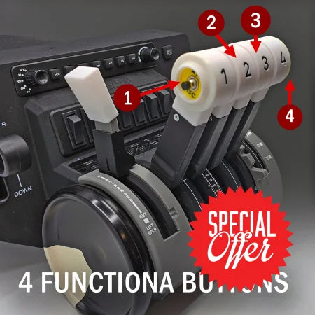 Close-up of the NEW! BAE-146/Avro RJ Advanced Throttle Pack for Honeycomb Bravo flight simulator by Prodesksim, featuring four levers labeled 1 to 4. Each lever includes a functional button on top, specifically designed as either an AT DISC or TOGA button. The background displays a panel with various switches. The image text reads "4 FUNCTIONAL BUTTONS.