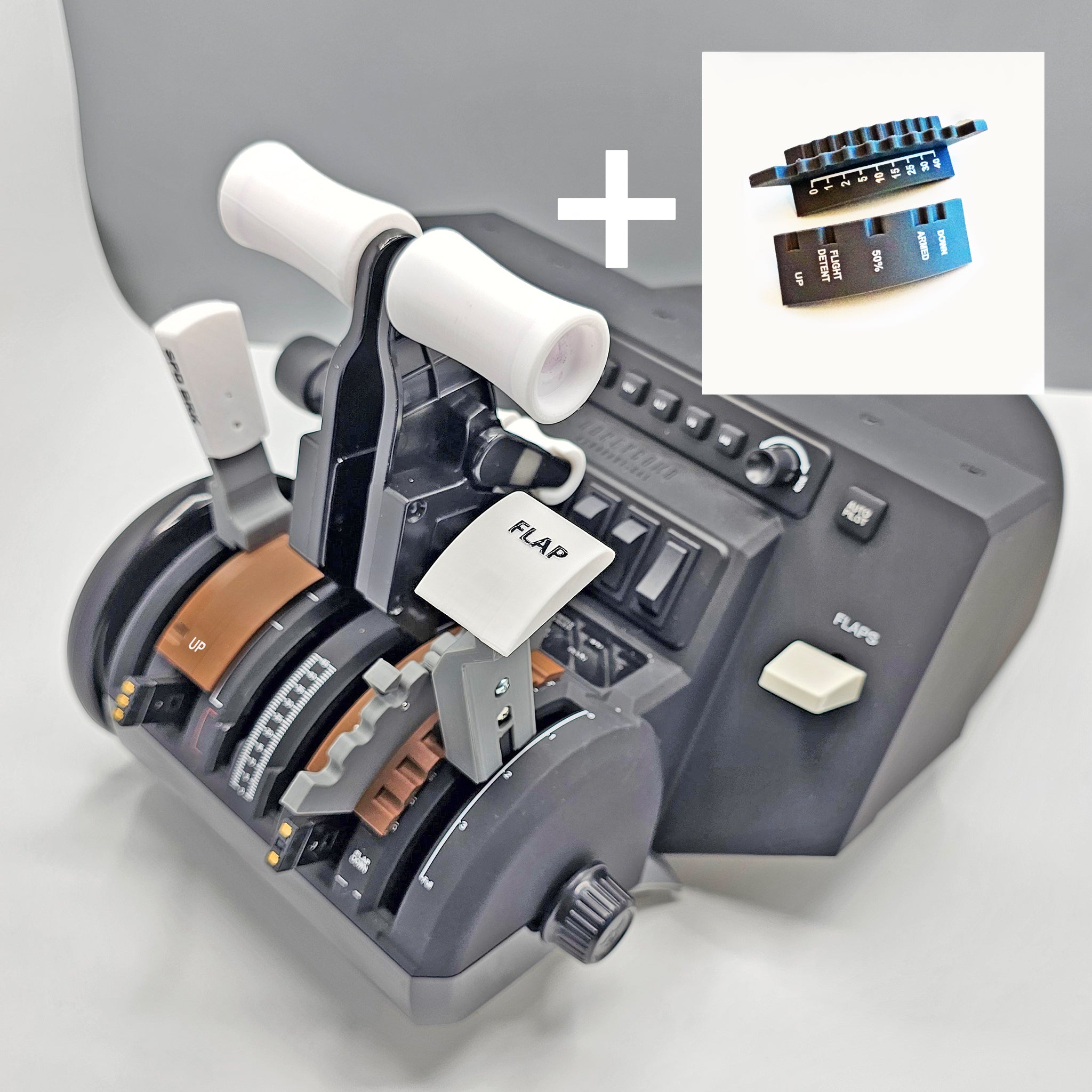 A close-up of an airplane throttle quadrant with labeled levers, buttons, and a switch highlights the Prodesksim Boeing 777 Dual Action Detent/Spring mechanism for HoneyComb Bravo. An inset image reveals separate control panels showcasing the professional addon's dual-action design and spring-loaded mechanisms for diverse configurations or add-ons.