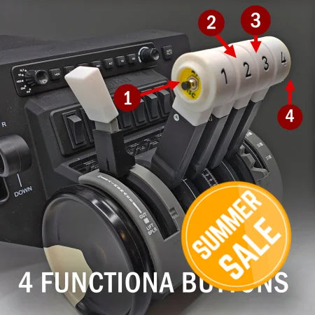 Close-up of the NEW! BAE-146/Avro RJ Advanced Throttle Pack for Honeycomb Bravo flight simulator by Prodesksim, featuring four levers labeled 1 to 4. Each lever includes a functional button on top, specifically designed as either an AT DISC or TOGA button. The background displays a panel with various switches. The image text reads "4 FUNCTIONAL BUTTONS.
