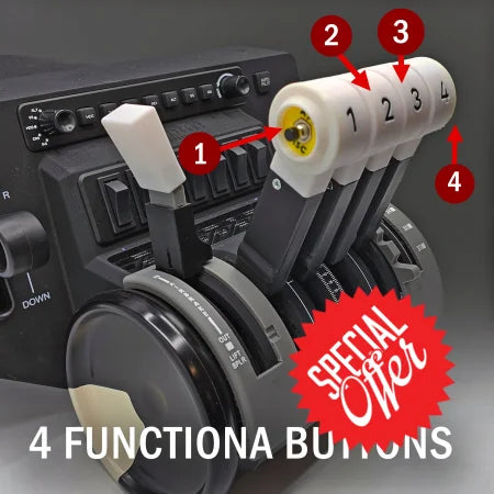 Close-up of the NEW! BAE-146/Avro RJ Advanced Throttle Pack for Honeycomb Bravo flight simulator by Prodesksim, featuring four levers labeled 1 to 4. Each lever includes a functional button on top, specifically designed as either an AT DISC or TOGA button. The background displays a panel with various switches. The image text reads "4 FUNCTIONAL BUTTONS.