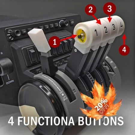 Close-up of the NEW! BAE-146/Avro RJ Advanced Throttle Pack for Honeycomb Bravo flight simulator by Prodesksim, featuring four levers labeled 1 to 4. Each lever includes a functional button on top, specifically designed as either an AT DISC or TOGA button. The background displays a panel with various switches. The image text reads "4 FUNCTIONAL BUTTONS.