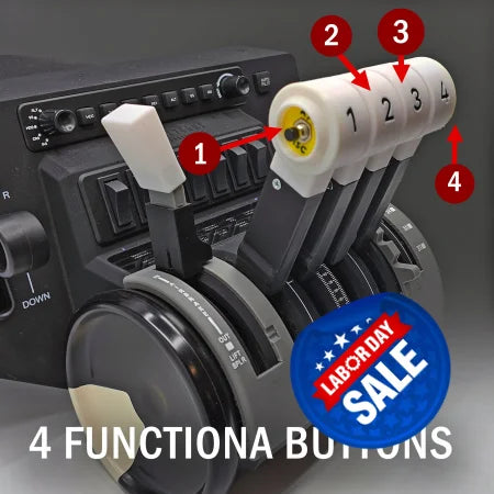 Close-up of the NEW! BAE-146/Avro RJ Advanced Throttle Pack for Honeycomb Bravo flight simulator by Prodesksim, featuring four levers labeled 1 to 4. Each lever includes a functional button on top, specifically designed as either an AT DISC or TOGA button. The background displays a panel with various switches. The image text reads "4 FUNCTIONAL BUTTONS.