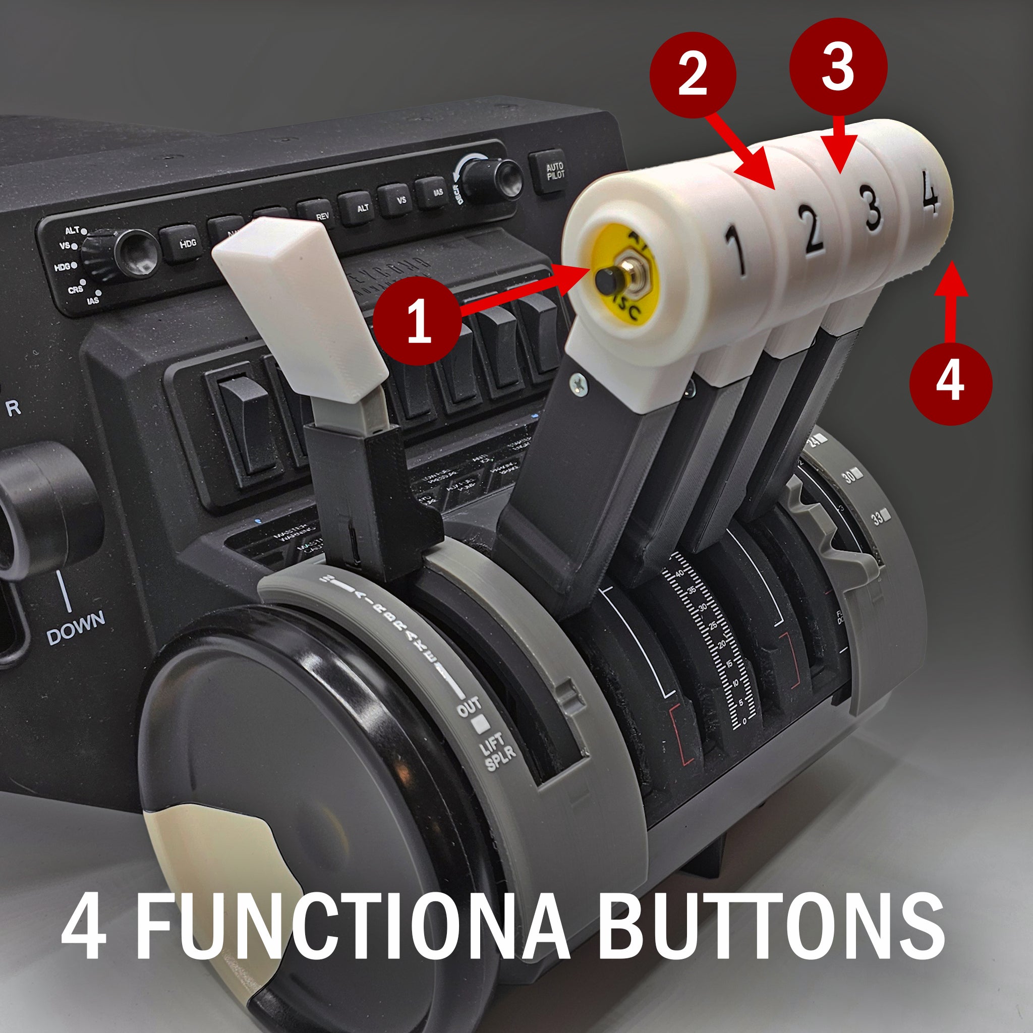 Close-up of the NEW! BAE-146/Avro RJ Advanced Throttle Pack for Honeycomb Bravo flight simulator by Prodesksim, featuring four levers labeled 1 to 4. Each lever includes a functional button on top, specifically designed as either an AT DISC or TOGA button. The background displays a panel with various switches. The image text reads "4 FUNCTIONAL BUTTONS.