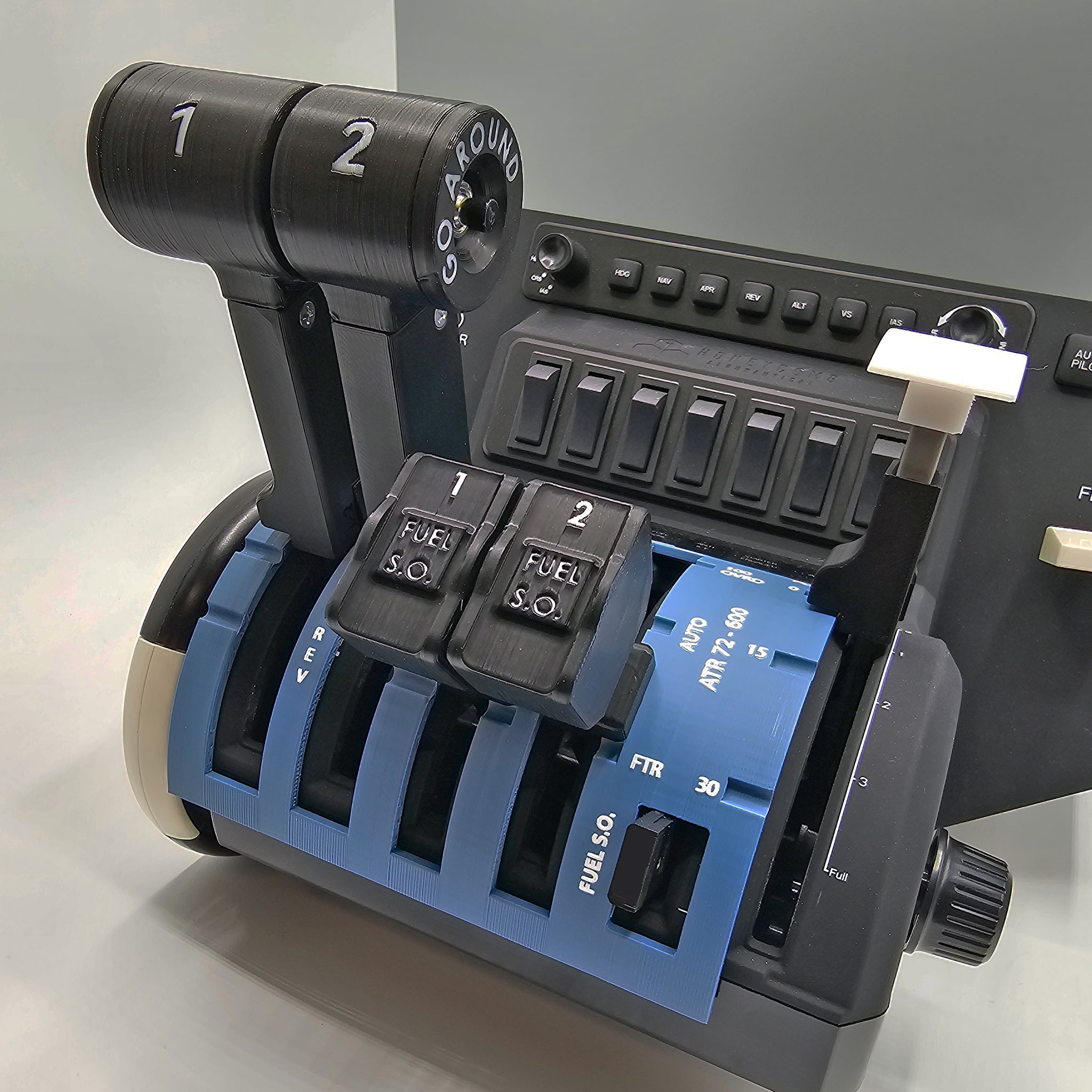 Close-up view of the NEW! ATR 42/72 Advanced Throttle Pack for Honeycomb Bravo by Prodesksim, featuring various levers and switches such as fuel cutoff, throttle pack, and flap controls. This setup is meticulously designed to replicate an aircraft's engine control system for immersive flight simulation.