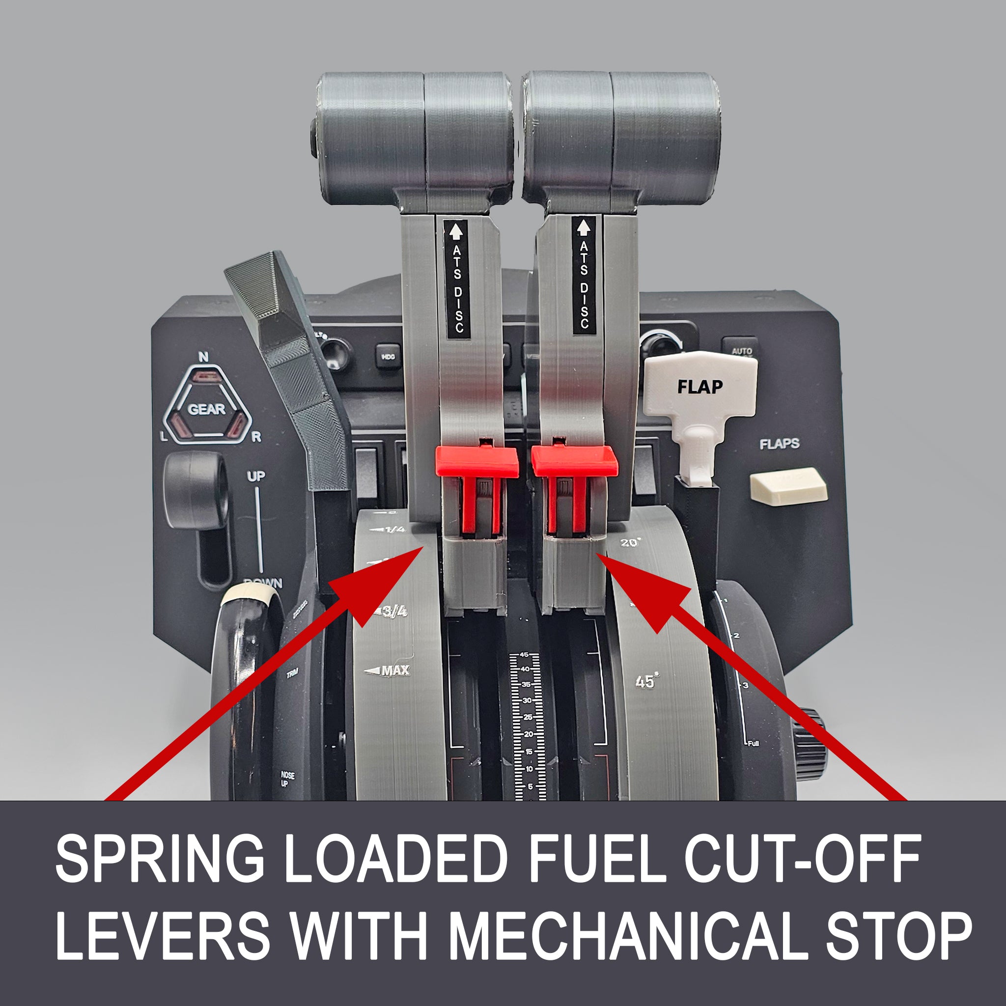 Close-up of the Prodesksim Challenger 6xx add-on for the Honeycomb Bravo throttle quadrant, showcasing two levers labeled "Fuel Cut-Off" with mechanical stops and notable red safety features. Text at the bottom reads "Spring Loaded Fuel Cut-Off Levers with Mechanical Stop," ideal for elevating your flight simulation experience.