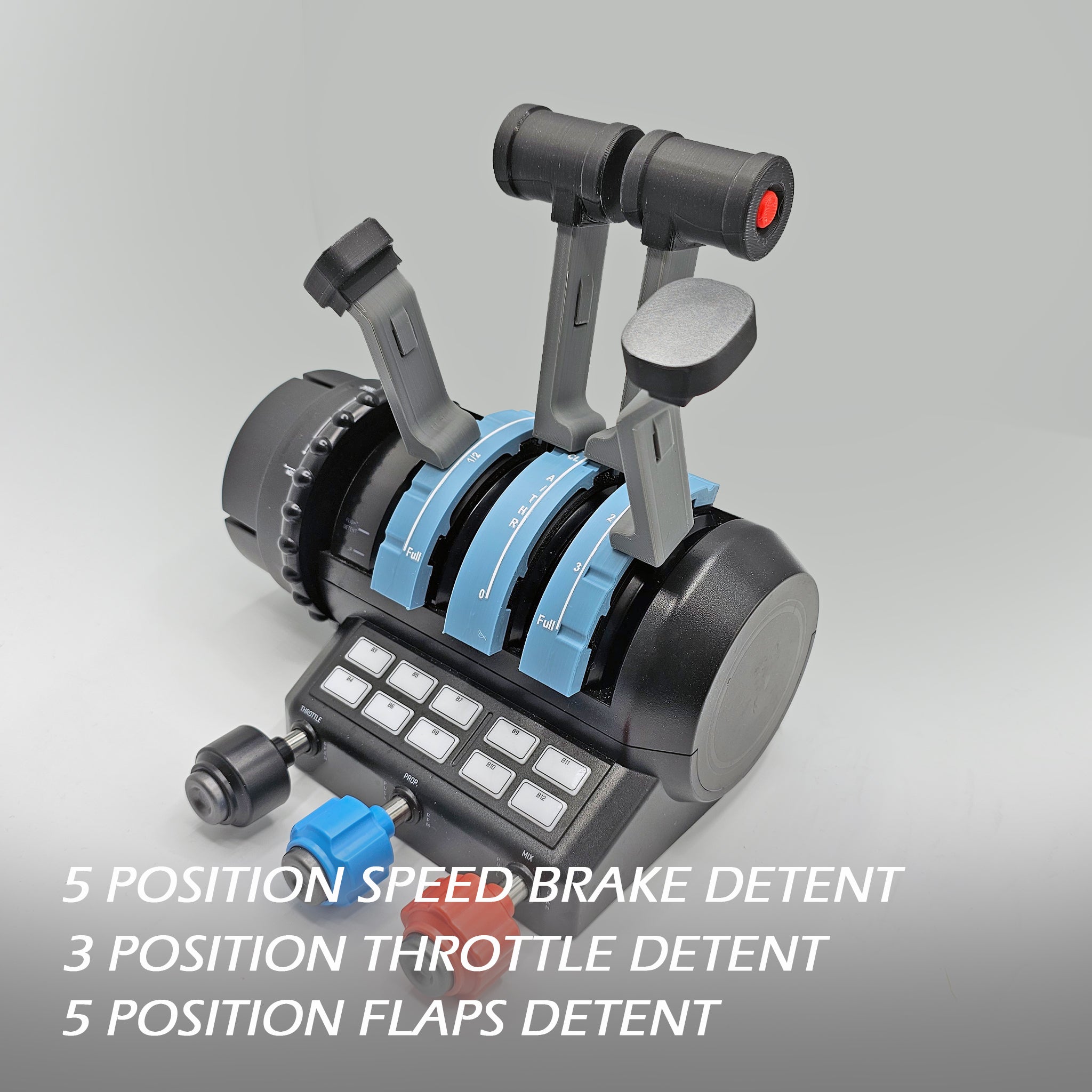 The Airbus Functional Addon for Turtle Beach Velocity One by Prodesksim boasts throttle quadrant levers with labels for "5 position speed brake detent," "3 position throttle detent," and "5 position flaps detent." This addon is perfect for enhancing your flight simulation experience against a simple gray background.