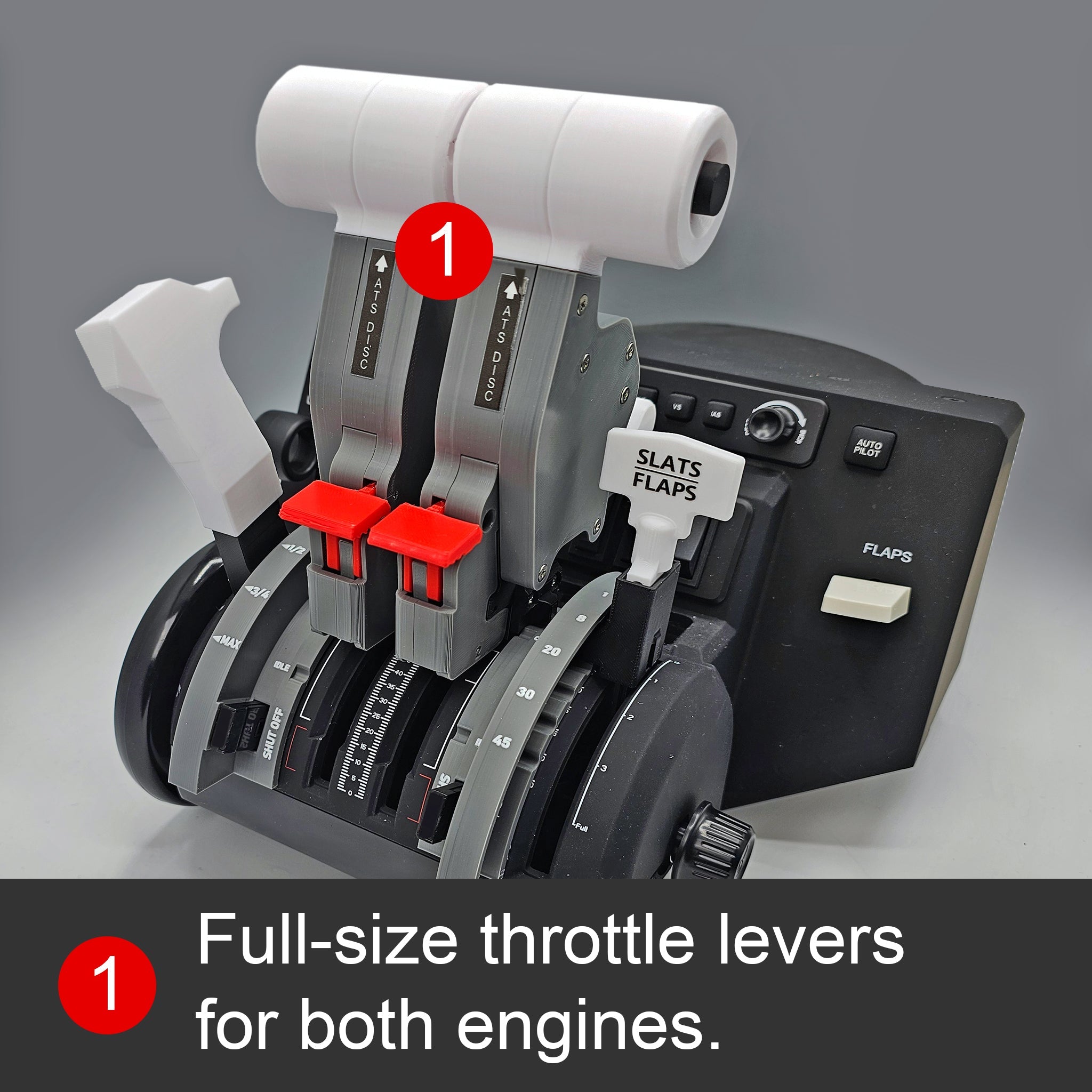 Close-up of the Prodesksim NEW Bombardier CRJ 500-1000 addon/mod package for the Honeycomb Bravo throttle quadrant and flight simulator, showcasing full-size throttle levers for both engines. The levers, with white handles and red accents, are situated next to the flaps and slats controls, making it perfect for simulating Bombardier CRJ Series aircraft.