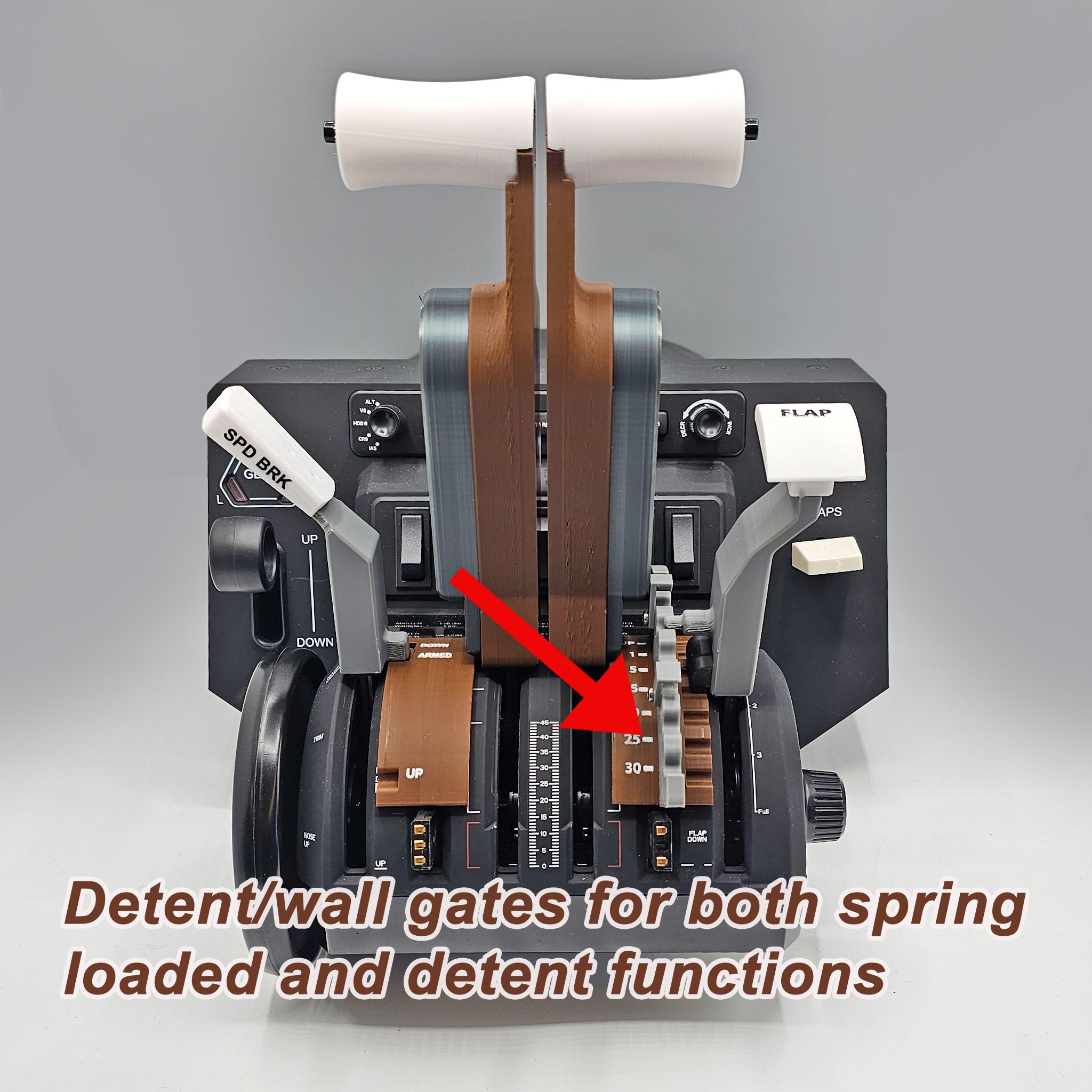 Close-up of the ProDeskSim Boeing 777 Advanced Full Package Addon for the Honeycomb Bravo throttle quadrant in a flight simulator, showcasing labeled levers and switches. A red arrow highlights an area detailing detent and spring-loaded functions, enhancing the flight simulation experience with this Prodesksim product.