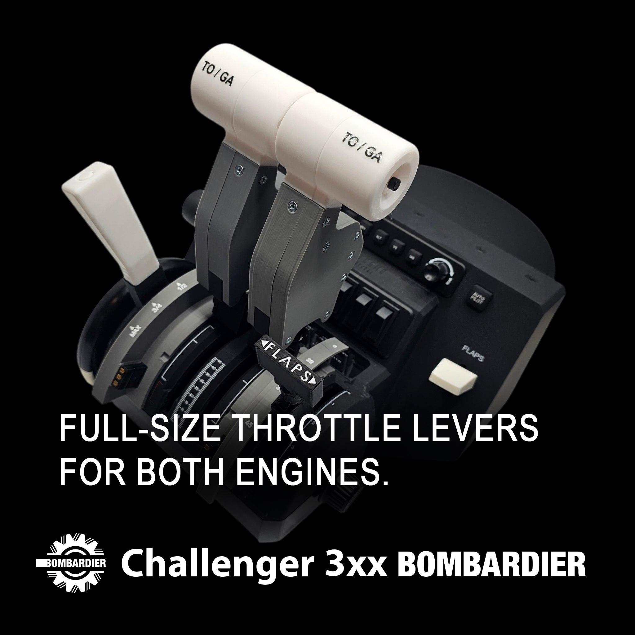 Close-up of full-size throttle levers for Bombardier Challenger 3xx, ideal for flight simulation enthusiasts. Imprinted with "TO/GA," these levers and controls are part of the Prodesksim addon/mod package for Honeycomb Bravo throttle quadrant and Flight simulator.