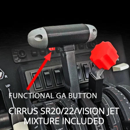 Close-up of Prodesksim Cirrus SR20/22/Vision Jet throttle for Honeycomb Bravo FS2020, Xplane, p3d, with functional GA button and mixture lever—ideal upgrade for your setup.