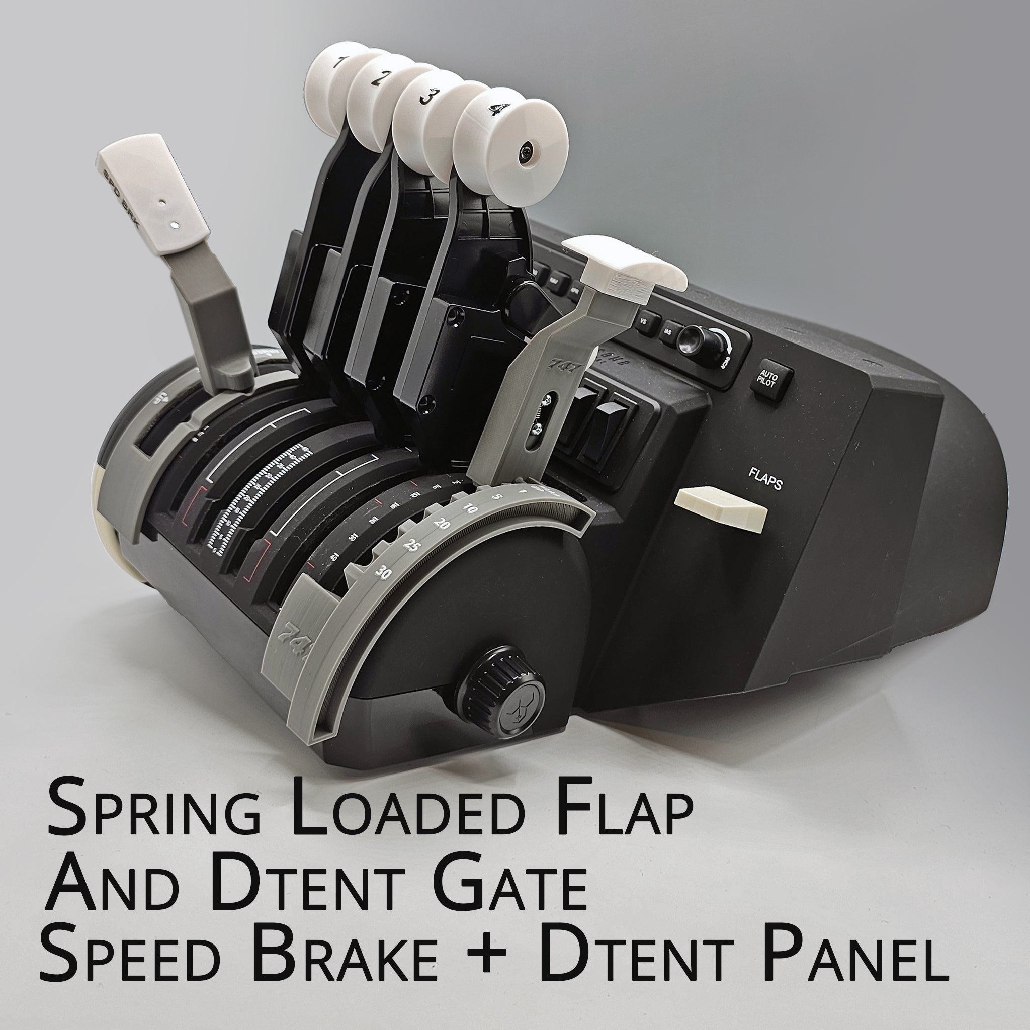 Introducing the Prodesksim NEW! Boeing 747 Throttle Quadrant Add-ons for the Honeycomb Bravo Throttle Quadrant, featuring spring-loaded flaps and a detent speed brake. This black-and-white accessory is ideal for flight simulation enthusiasts and comes with detailed feature information against a neutral backdrop.