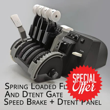 Introducing the Prodesksim NEW! Boeing 747 Throttle Quadrant Add-ons for the Honeycomb Bravo Throttle Quadrant, featuring spring-loaded flaps and a detent speed brake. This black-and-white accessory is ideal for flight simulation enthusiasts and comes with detailed feature information against a neutral backdrop.