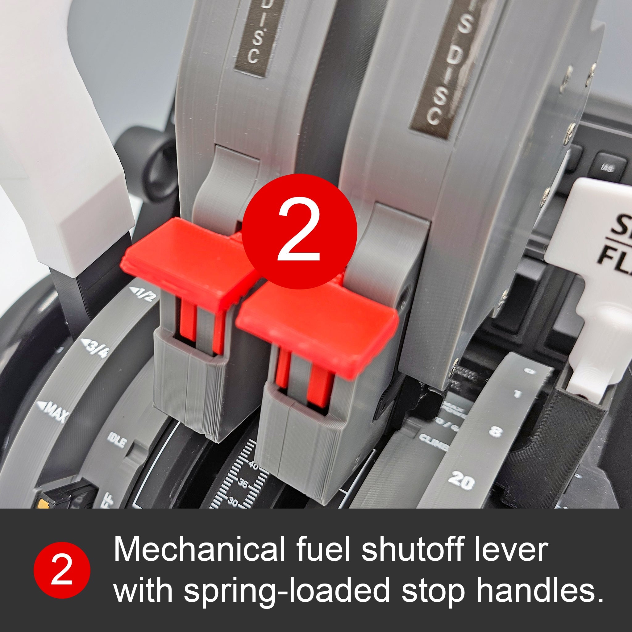 A close-up view of the mechanical fuel shutoff lever features two spring-loaded stop handles in gray and red, similar to the controls found in the Honeycomb Bravo flight simulation setup. A red circle numbered "2" highlights these levers. Beneath them, white text indicates they are components of aircraft control systems, comparable to those used in the Bombardier CRJ Series, as seen in the NEW Bombardier CRJ 500-1000 addon/mod package for Honeycomb Bravo throttle quadrant and Flight simulator by Prodesksim.