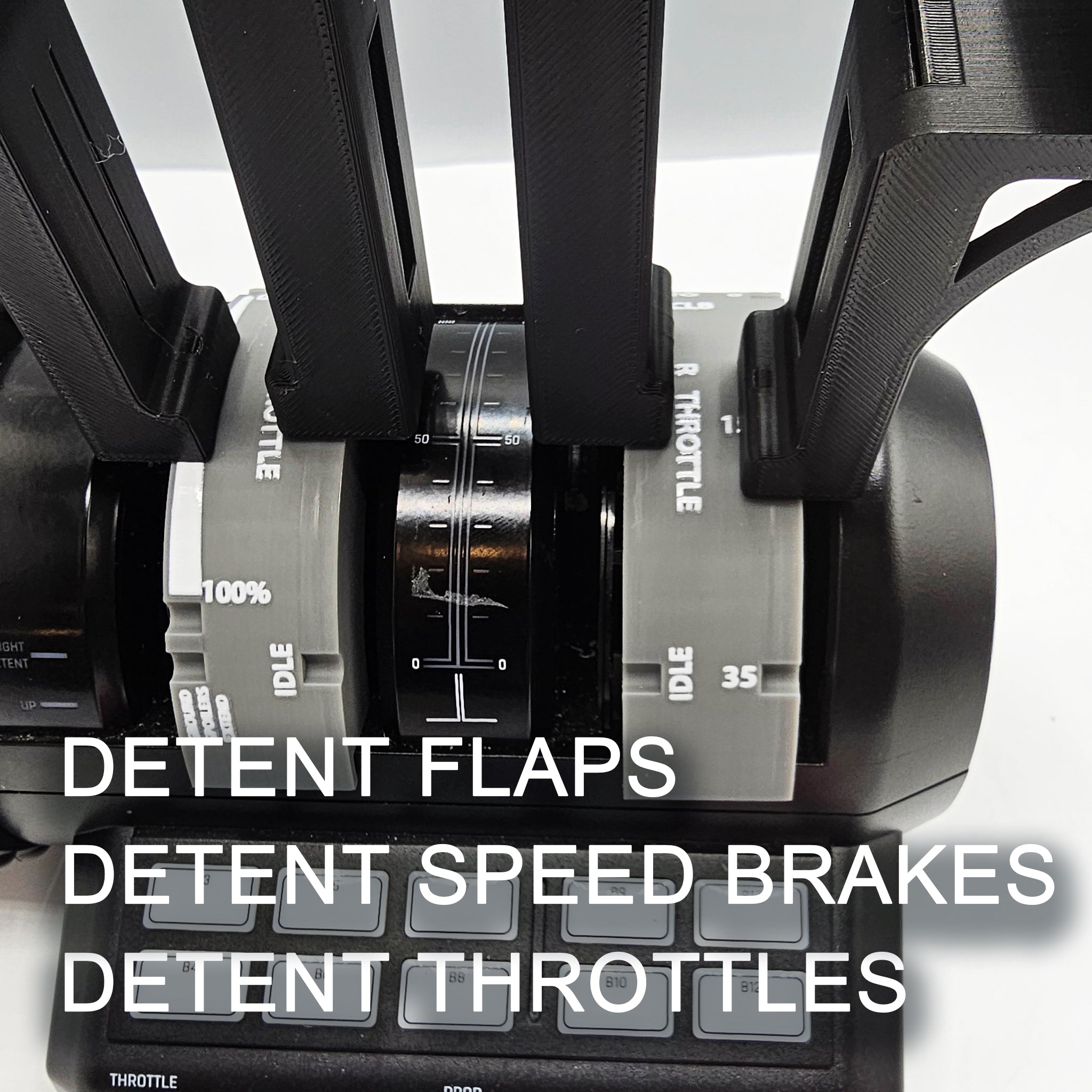 A close-up view of the Prodesksim Cessna Citation CJ4 Addon Throttle Pack for the Velocity One Flight Simulator showcases labeled levers: "DETENT FLAPS," "DETENT SPEED BRAKES," and "DETENT THROTTLES." The black and white levers and control labels enhance the flight simulation experience.