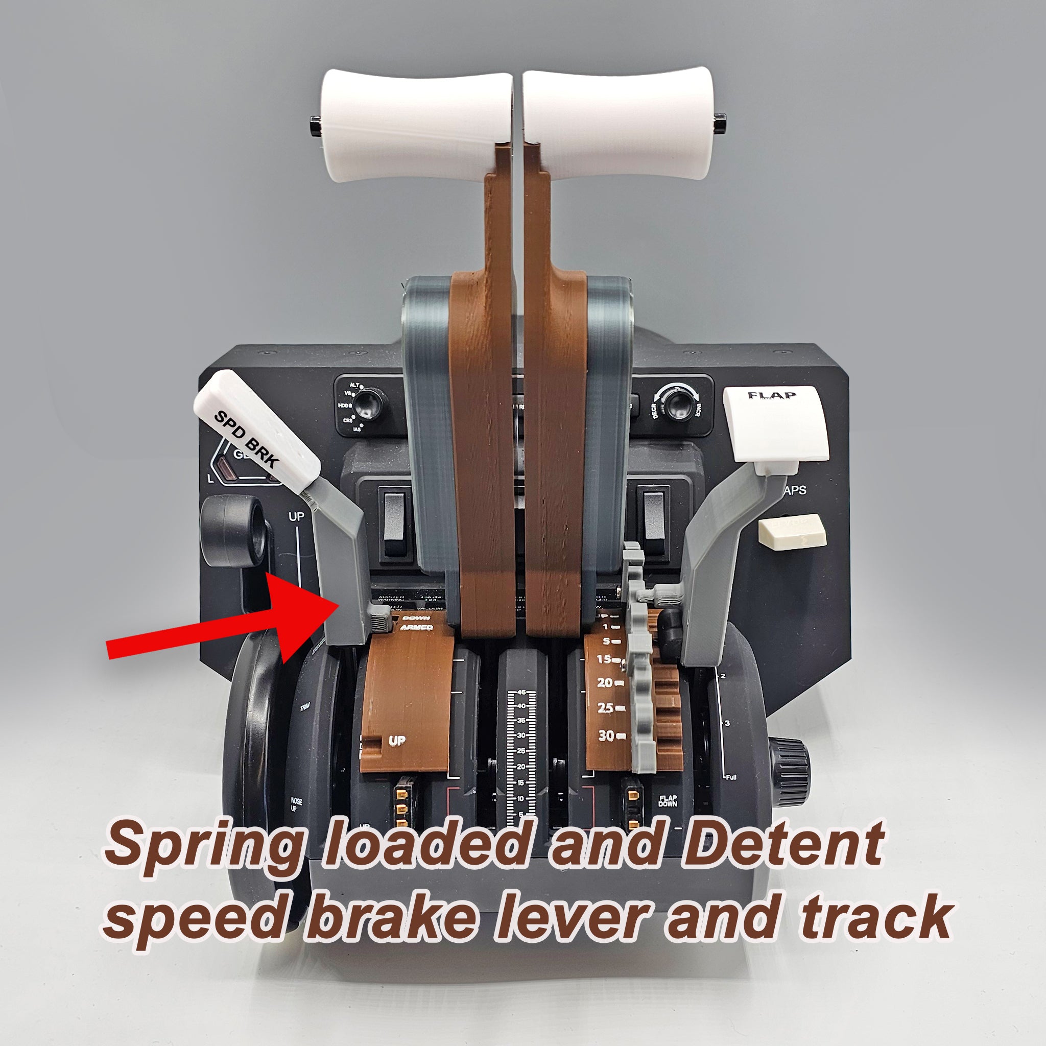 The ProDeskSim Boeing 777 Advanced Full Package Addon for Honeycomb Bravo and Flight Simulator offers a flight simulation experience featuring a throttle quadrant with multiple levers for engine controls. Notably, a red arrow highlights the spring-loaded speed brake lever for clarity. This offering from Prodesksim stands out against a neutral background, enhancing its features.