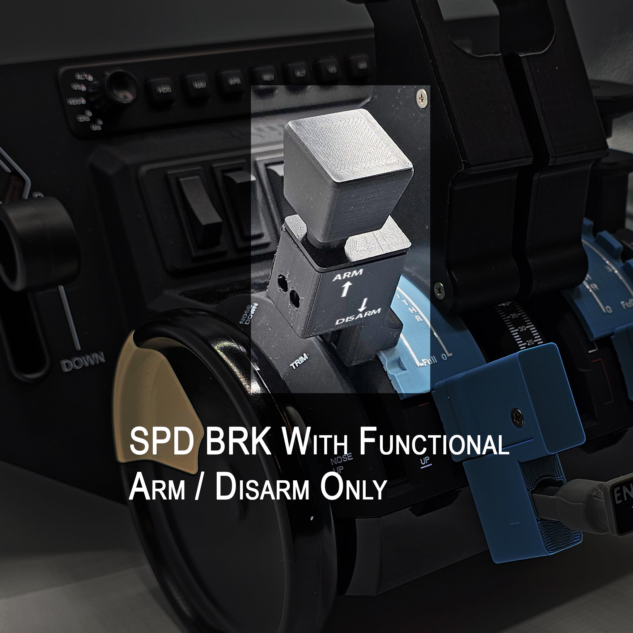 A close-up of a simulator control panel highlights the Prodesksim Airbus Arming Detent Speed Brake lever, featuring electronic arm and disarm functions. Ideal for an immersive flight simulation experience, the panel includes various buttons and switches labeled for different functions.