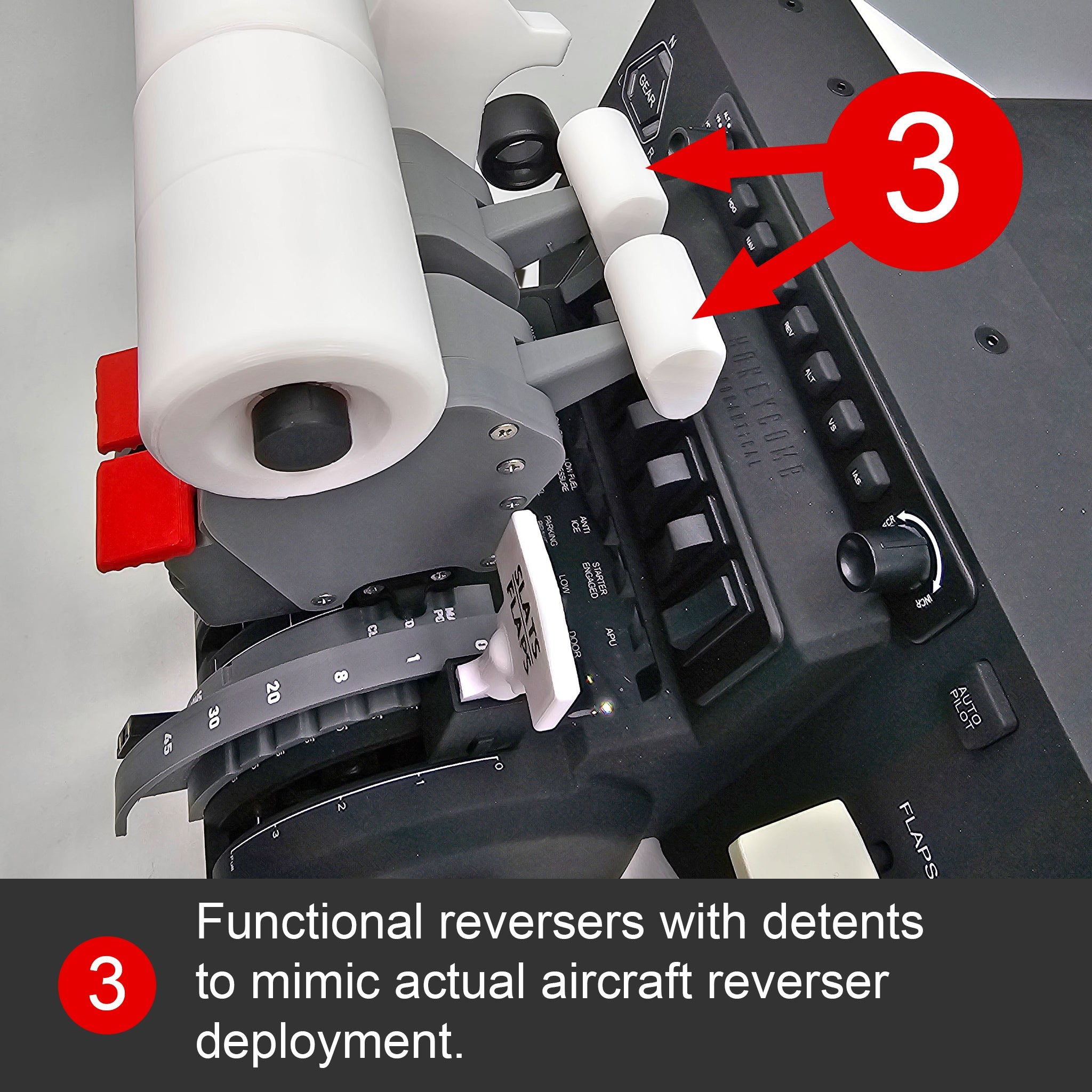 Close-up of the aircraft throttle quadrant simulator featuring functional reversers, specifically designed for the Bombardier CRJ Series. The red-labeled number 3 highlights the reverser detents, mimicking real aircraft thrust deployment. This setup utilizes the Honeycomb Bravo from Prodesksim's NEW Bombardier CRJ 500-1000 addon/mod package, providing an immersive flight simulation experience with detailed switches and levers.