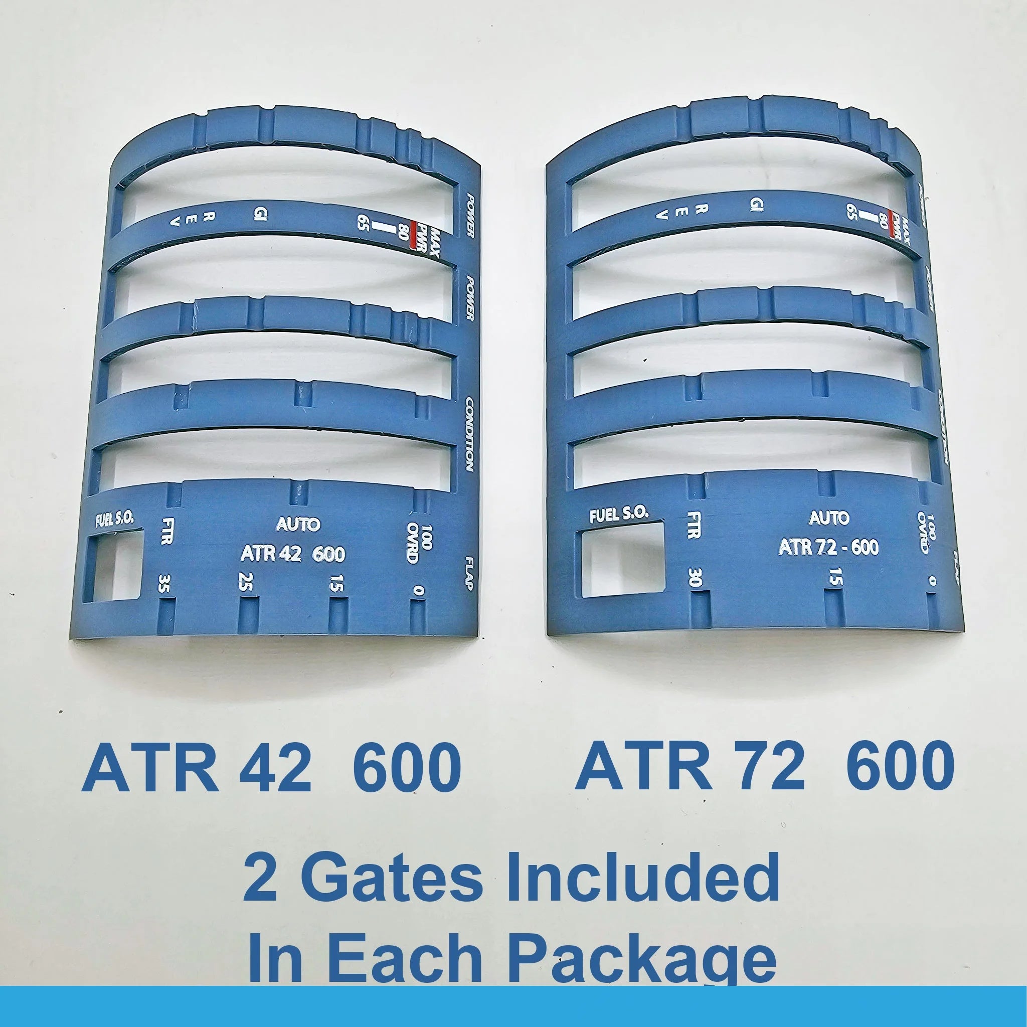 Displayed alongside each other, the two blue aircraft instrument panels designed for seamless integration with the Honeycomb Bravo system feature labels ATR 42 600 and ATR 72 600. Below, text states, "2 Gates Included In Each Package." These panels are equipped with various cutouts to accommodate gauges and controls from the NEW! ATR 42/72 Advanced Throttle Pack for Flight Simulator by Prodesksim.