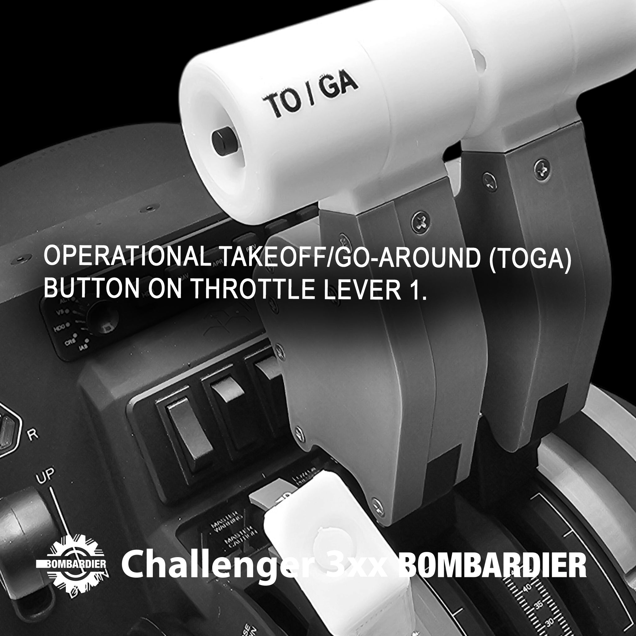 A close-up of the Prodesksim Bombardier Challenger 3xx series throttle control for Honeycomb Bravo, ideal for flight simulation enthusiasts. It features the operational TO/GA button on Throttle Lever 1 with the Bombardier logo in view.