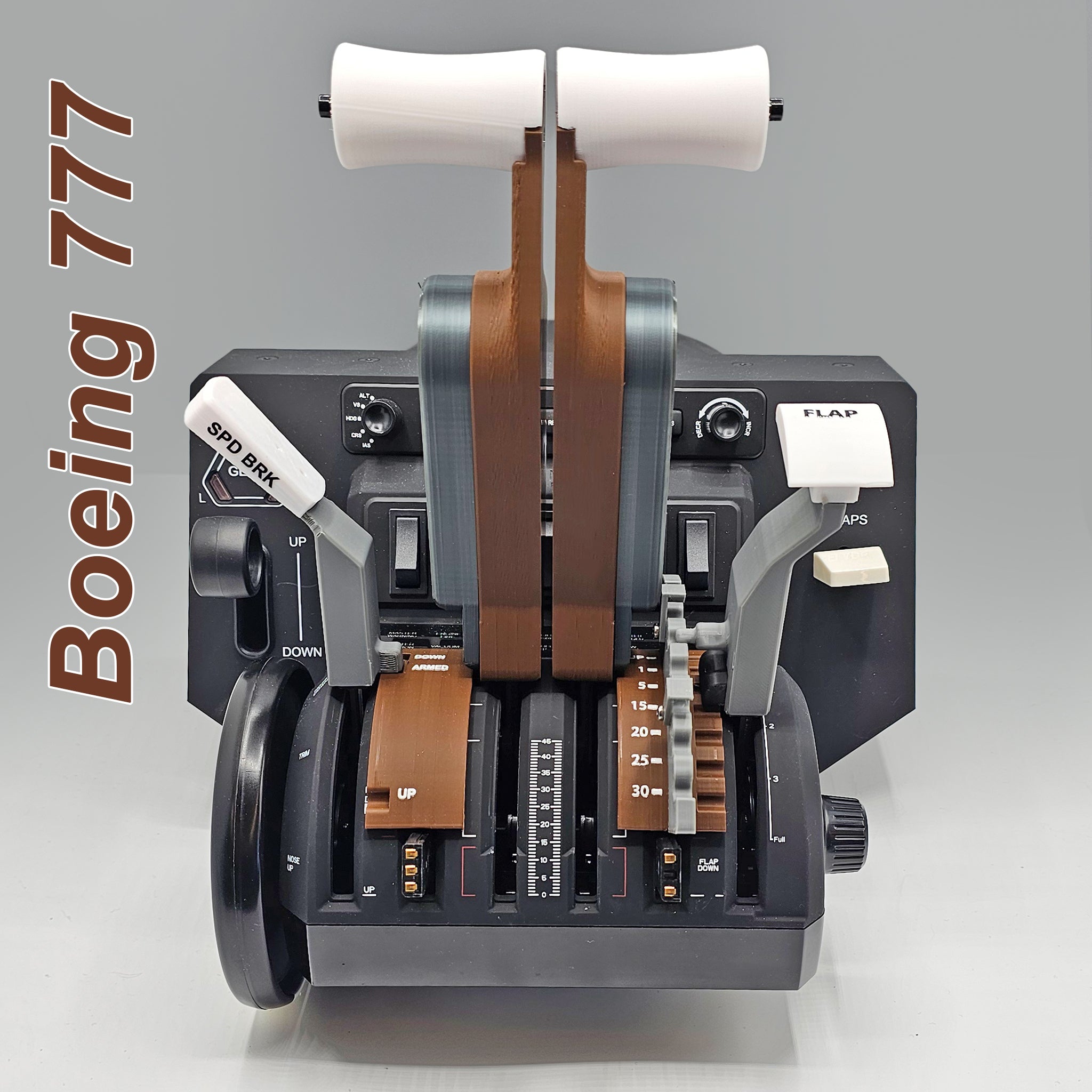 Introducing the ProDeskSim Boeing 777 Advanced Full Package Addon for Honeycomb Bravo and Flight Simulator: This model offers a realistic throttle quadrant complete with multiple levers and controls, showcasing functions such as speed brake and flaps. The design features a plain gray background with "Boeing 777" vertically inscribed on the left side.