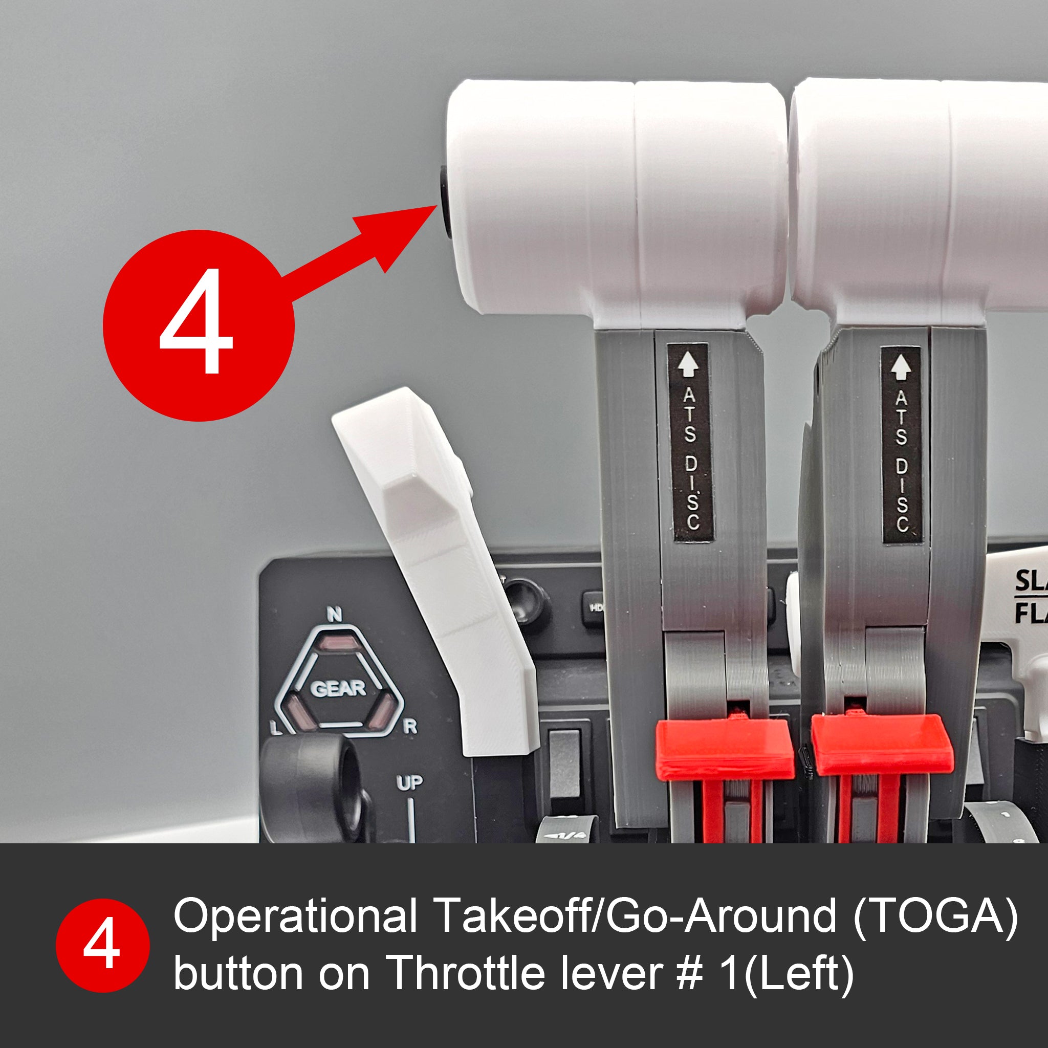 A close-up image displays the throttle quadrant from the Bombardier CRJ 500-1000 addon/mod package by Prodesksim for the Honeycomb Bravo throttle quadrant and flight simulator. The setup features two levers with white handles labeled "ATS DISC," while a red arrow points to the black TOGA button on Throttle lever #1, making it perfect for real flights and detailed flight simulation environments.