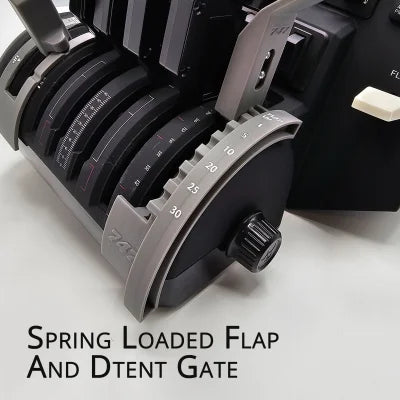 Close-up of the NEW! Boeing 747 Throttle Quadrant addons for the Honeycomb Bravo Throttle Quadrant by Prodesksim, showcasing multiple levers, knobs, and labeled scales for precise control. Text in the image reads "Spring Loaded Flap And Detent Gate." Ideal for flight simulation enthusiasts using a Honeycomb Bravo attachment. The device is set against a plain background.