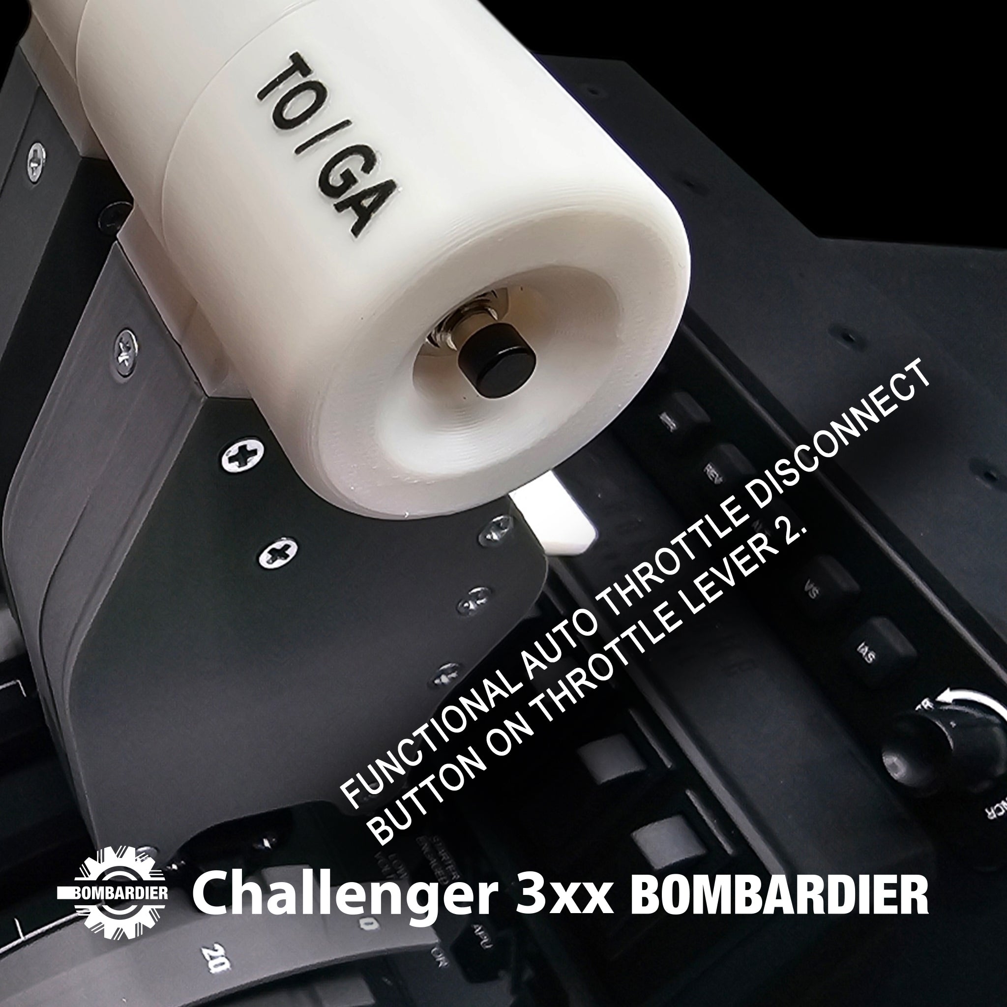 Close-up of a Prodesksim throttle lever for the Bombardier Challenger 3xx addon/mod package for Honeycomb Bravo, perfect for flight simulation. Features an auto throttle disconnect button and visible Bombardier logo.