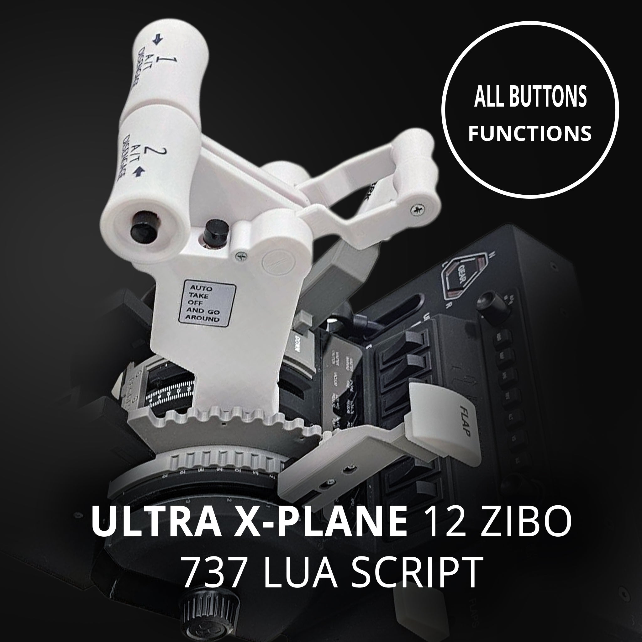Close-up of Prodesksim’s New B737 Ultra / B737 Full Package Addon: realistic throttle quadrant with all button functions, “Ultra X-Plane 12 Zibo 737 LUA Script,” and MSFS 2020/2024 compatibility.