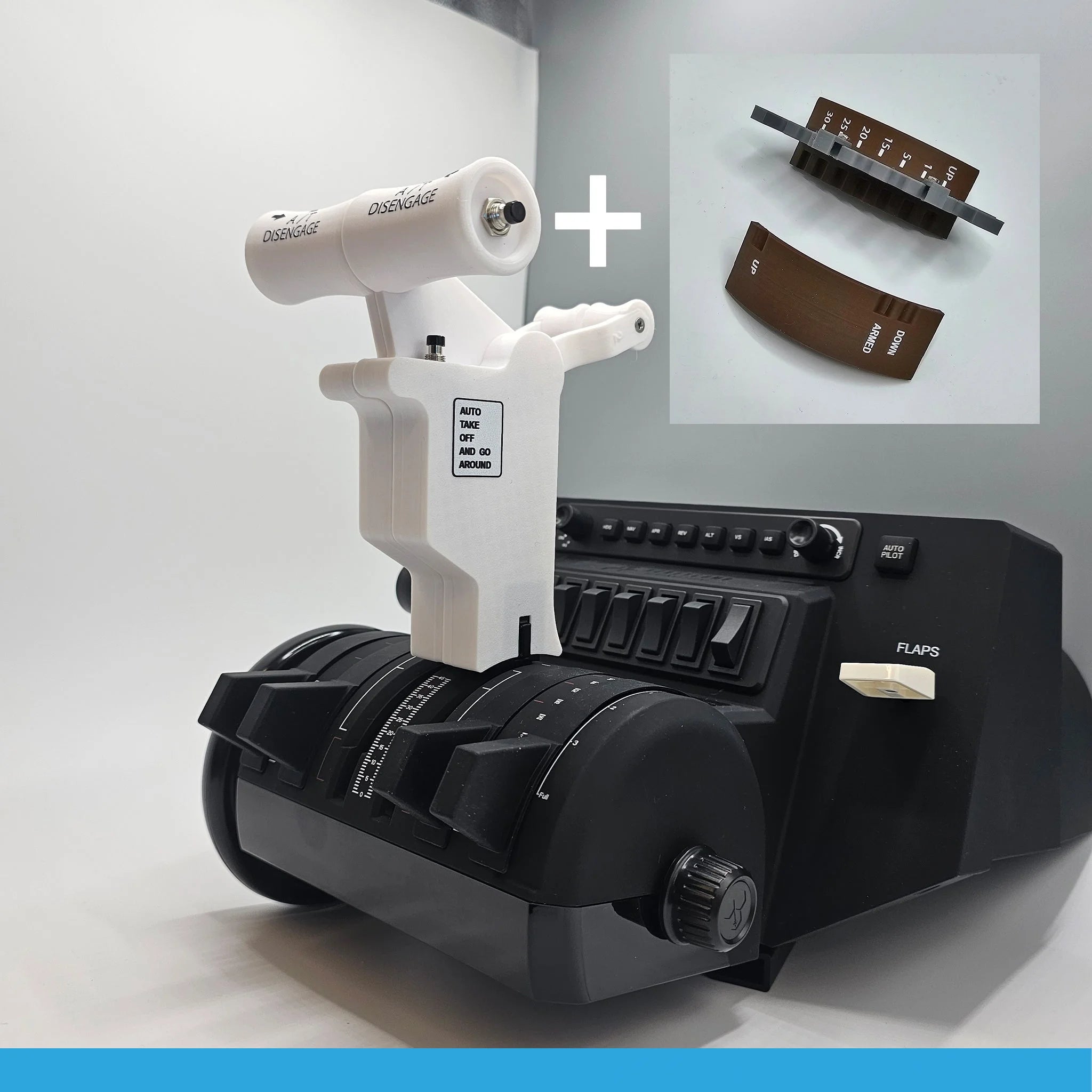 Close-up of a flight simulator throttle quadrant featuring labeled levers and switches, ideal for enhancing your ProDeskSim Boeing 737 Advanced Full Package Addon/Modification. An inset image showcases two curved brown panels with control settings, embodying the authentic experience associated with Prodesksim's Honeycomb Bravo flight simulation equipment.