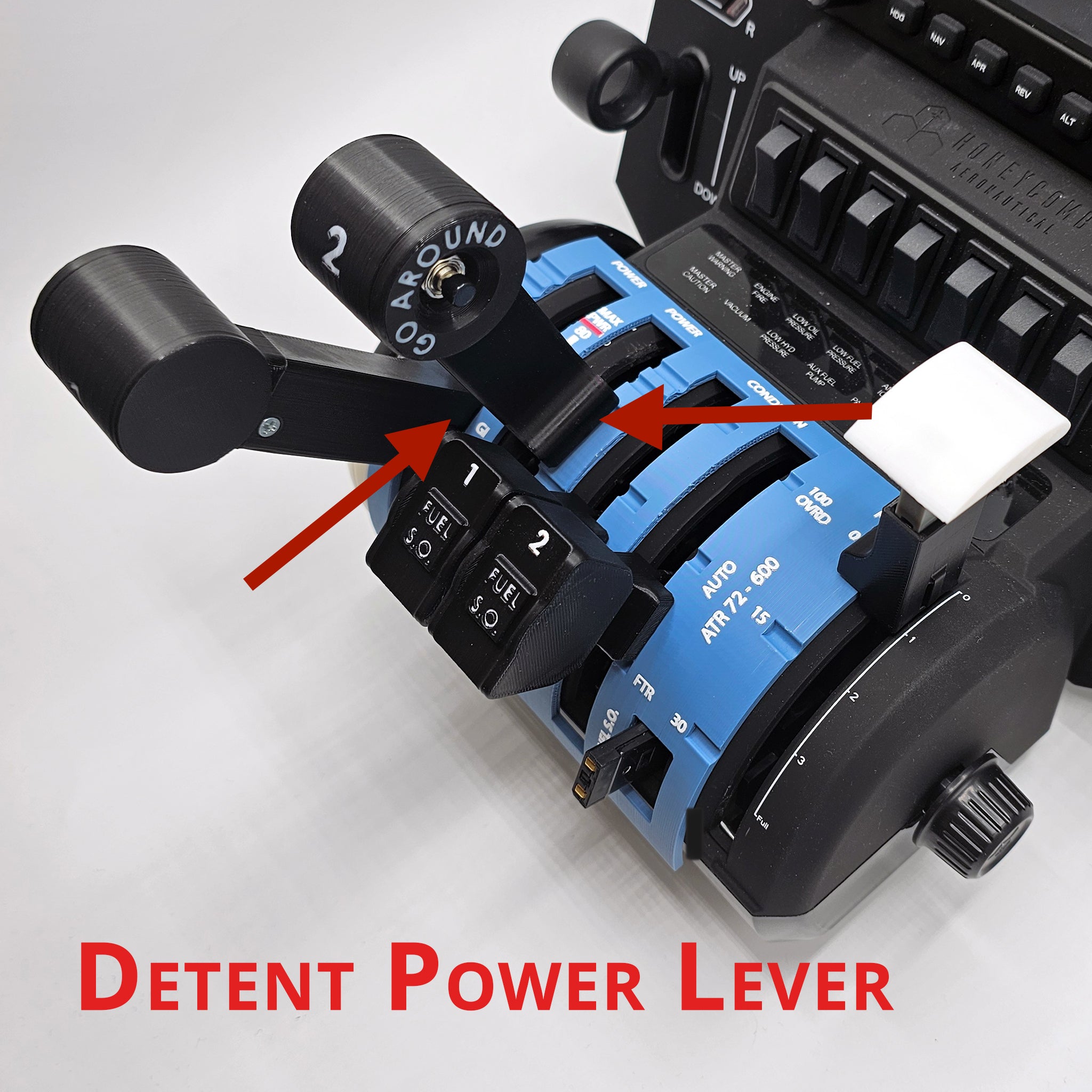 A close-up view of the NEW! ATR 42/72 Advanced Throttle Pack for Honeycomb Bravo from Prodesksim in a flight simulator. It features clearly labeled levers and buttons, with two red arrows highlighting the "Detent Power Lever" area, along with meticulously labeled surrounding components such as a "Go Around" lever for enhanced clarity.