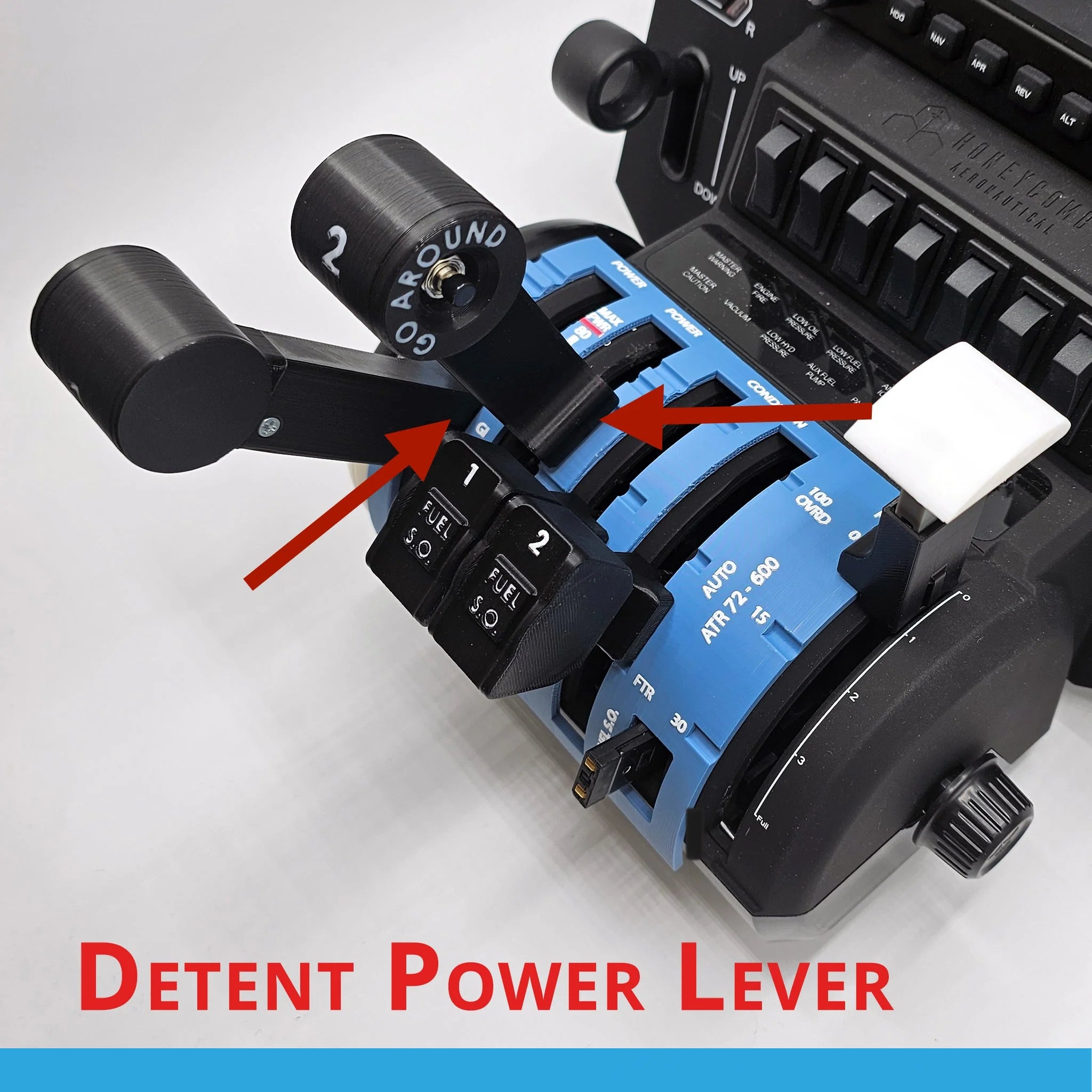 A close-up view of the NEW! ATR 42/72 Advanced Throttle Pack for Honeycomb Bravo from Prodesksim in a flight simulator. It features clearly labeled levers and buttons, with two red arrows highlighting the "Detent Power Lever" area, along with meticulously labeled surrounding components such as a "Go Around" lever for enhanced clarity.