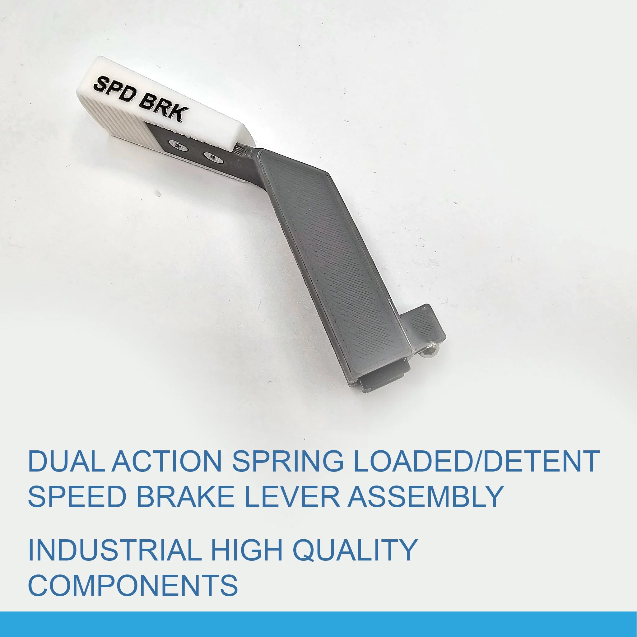 Image of a Prodesksim Boeing 737/757/767/777/787 spring-loaded speed brake lever assembly labeled "SPD BRK." The text below reads: "Spring loaded/detent speed brake lever assembly with industrial high-quality components for realistic and professional use." The gray and white lever ensures precision control.