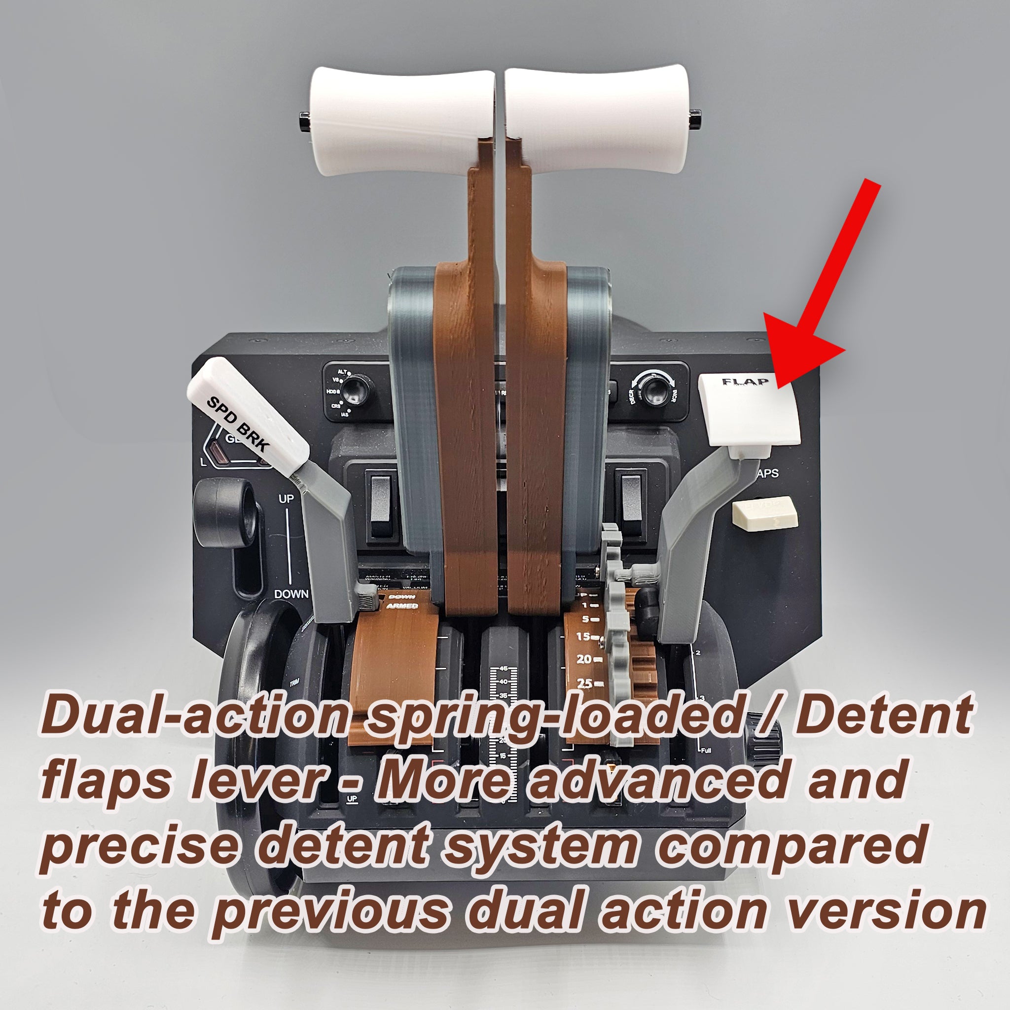 Close-up of an aircraft throttle quadrant featuring a dual-action spring-loaded detent flaps lever, enhancing your ProDeskSim Boeing 777 Advanced Full Package Addon for Honeycomb Bravo experience. Text overlay promotes it as a premium upgrade for your flight simulation adventure.