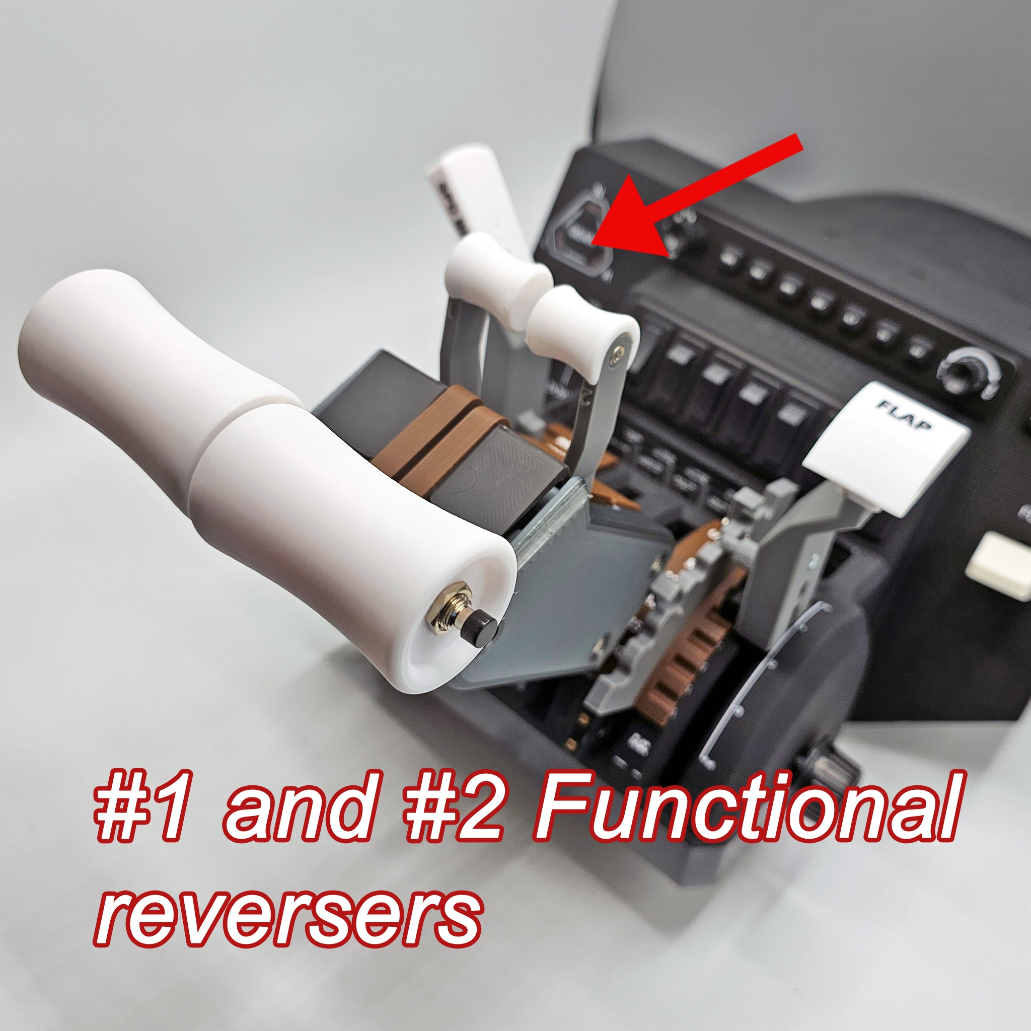 A close-up of the ProDeskSim Boeing 777 Advanced Full Package Addon, compatible with the Honeycomb Bravo flight simulator throttle quadrant, features white levers labeled "#1 and #2 Functional reversers." A red arrow highlights a particular area on this Prodesksim device, enhancing the overall flight simulation experience.