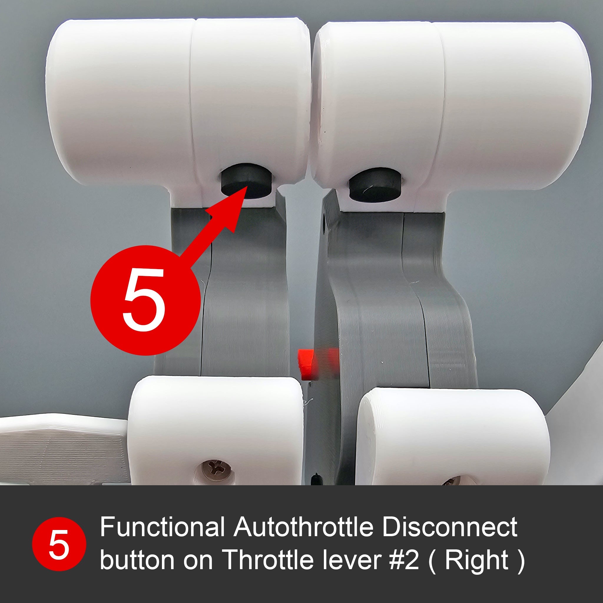 A close-up of a functional autothrottle disconnect button on throttle lever #2, inspired by the design of Prodesksim's NEW Bombardier CRJ 500-1000 addon/mod package for the Honeycomb Bravo throttle quadrant. The white and gray throttle levers include a red number 5 icon to accentuate the button, enhancing realism in your flight simulation setup.