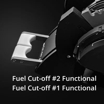 A close-up of the New ProDeskSim 737 Ultra Full Package Addon reveals machinery with silver handles and visible gears, paired with a text overlay in white stating "Fuel Cut-off #2 Functional" and "Fuel Cut-off #1 Functional." The grayscale palette enhances its flight sim aesthetic by Prodesksim.