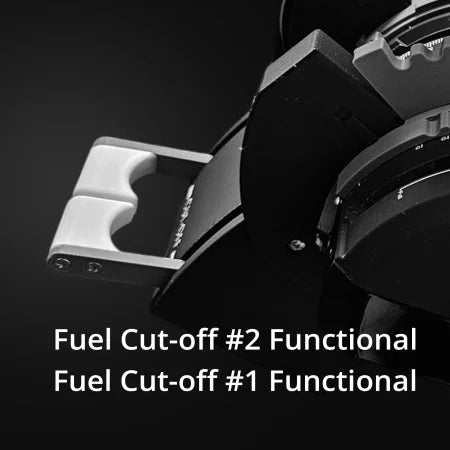 A close-up of the New ProDeskSim 737 Ultra Full Package Addon reveals machinery with silver handles and visible gears, paired with a text overlay in white stating "Fuel Cut-off #2 Functional" and "Fuel Cut-off #1 Functional." The grayscale palette enhances its flight sim aesthetic by Prodesksim.